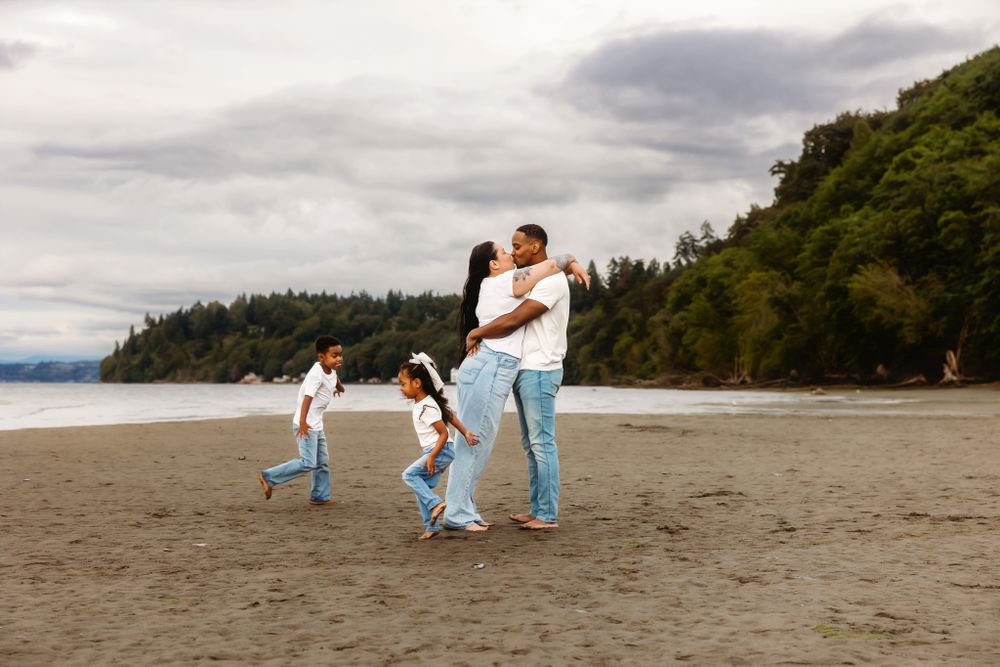 Family sandy beach session with two young kids at Dash Point State Park in Federal Way Washington