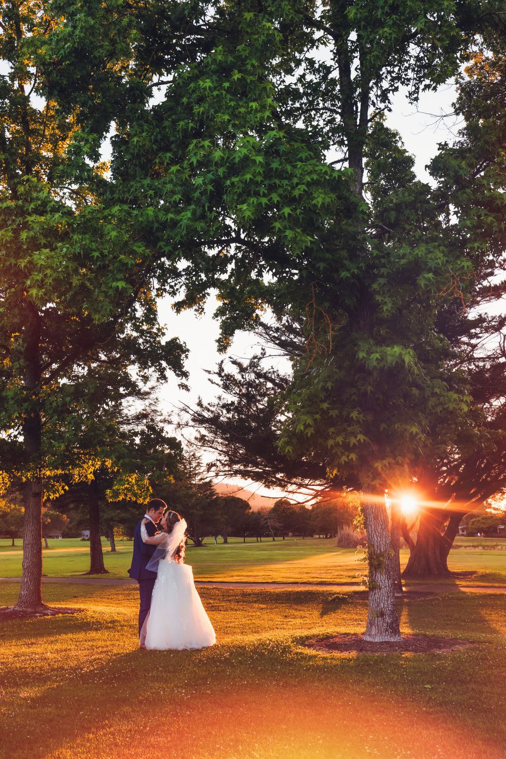 A romantic sunset wedding photo of a couple embracing among trees in a park.