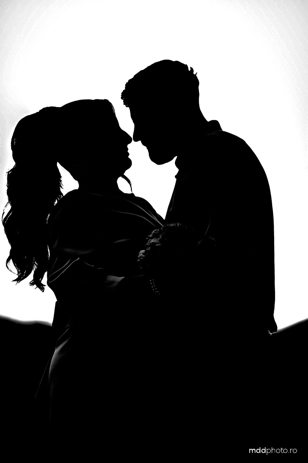 A dramatic black and white silhouette portrait of an intimate couple about to kiss against a bright white background.