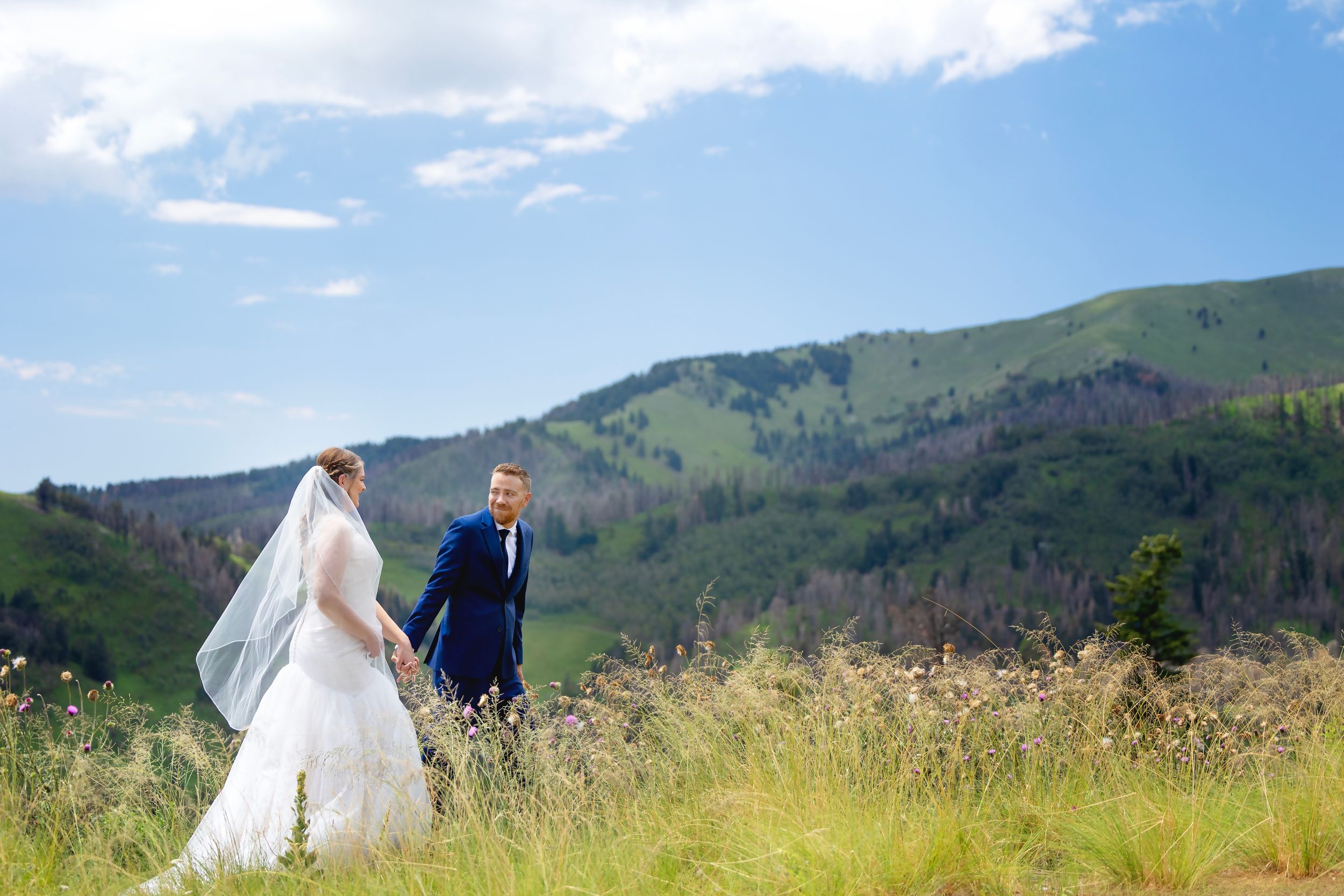 Bride and groom holding hands in tall grass with green mountain hills in the background in Ruidoso, NM.