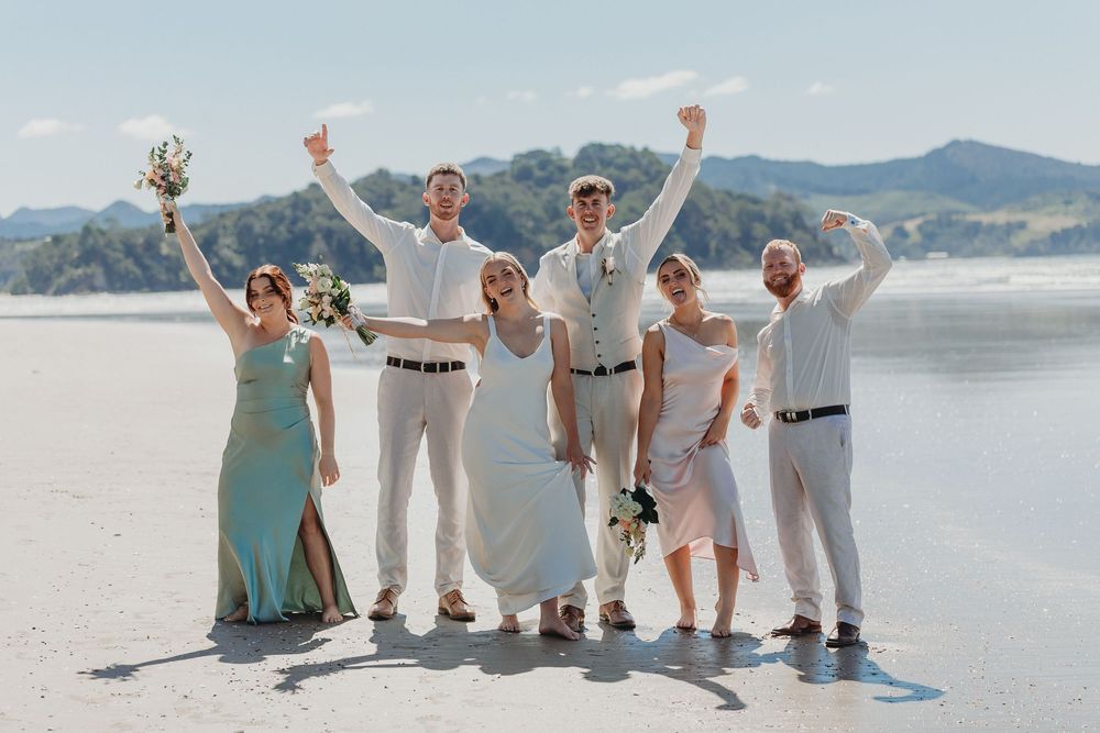 Josh and Libby and bridal party, wedding at the dunes in Matarangi