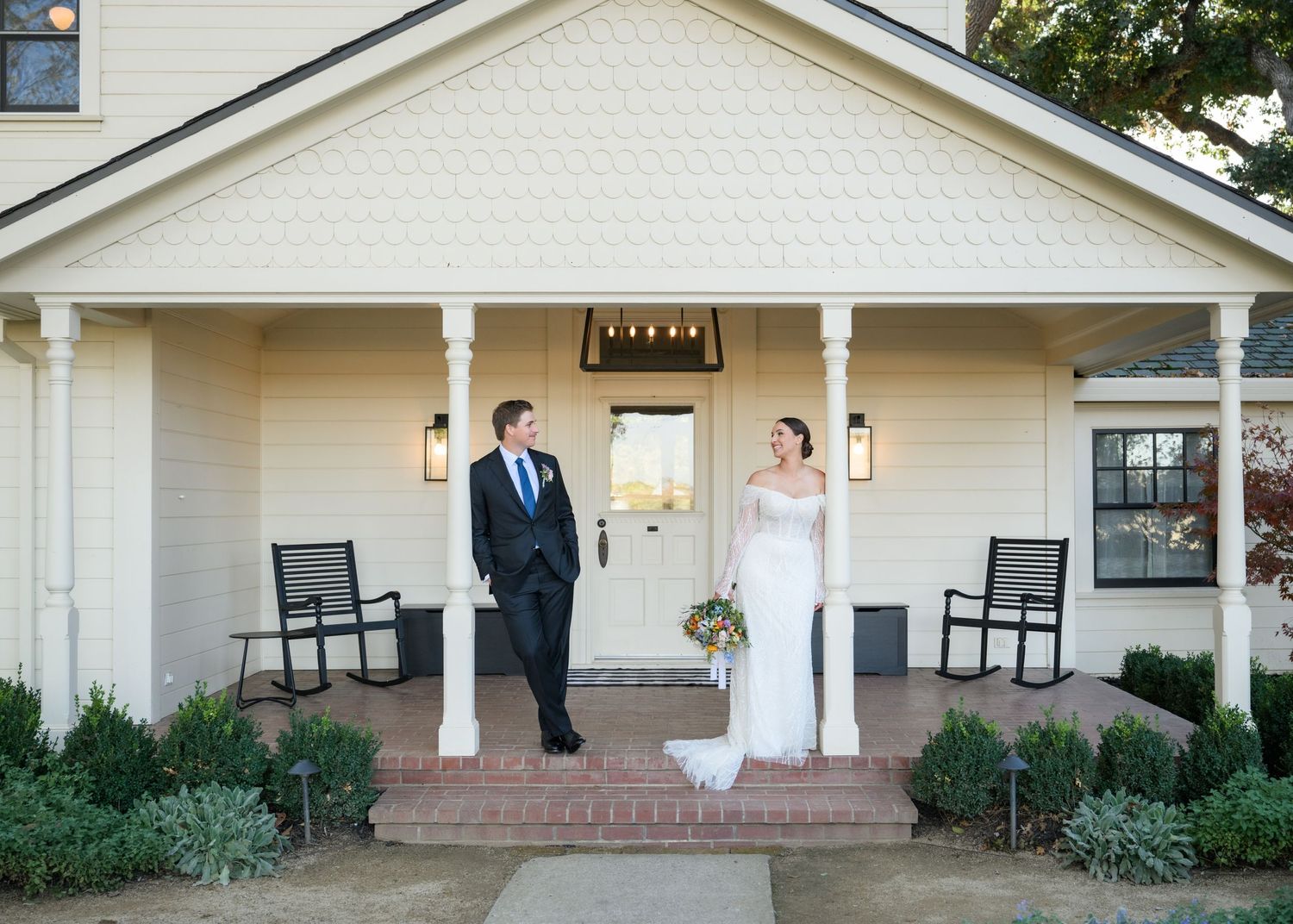 A wedding photo of bride and groom on their wedding day at their wedding venue in Northern California.