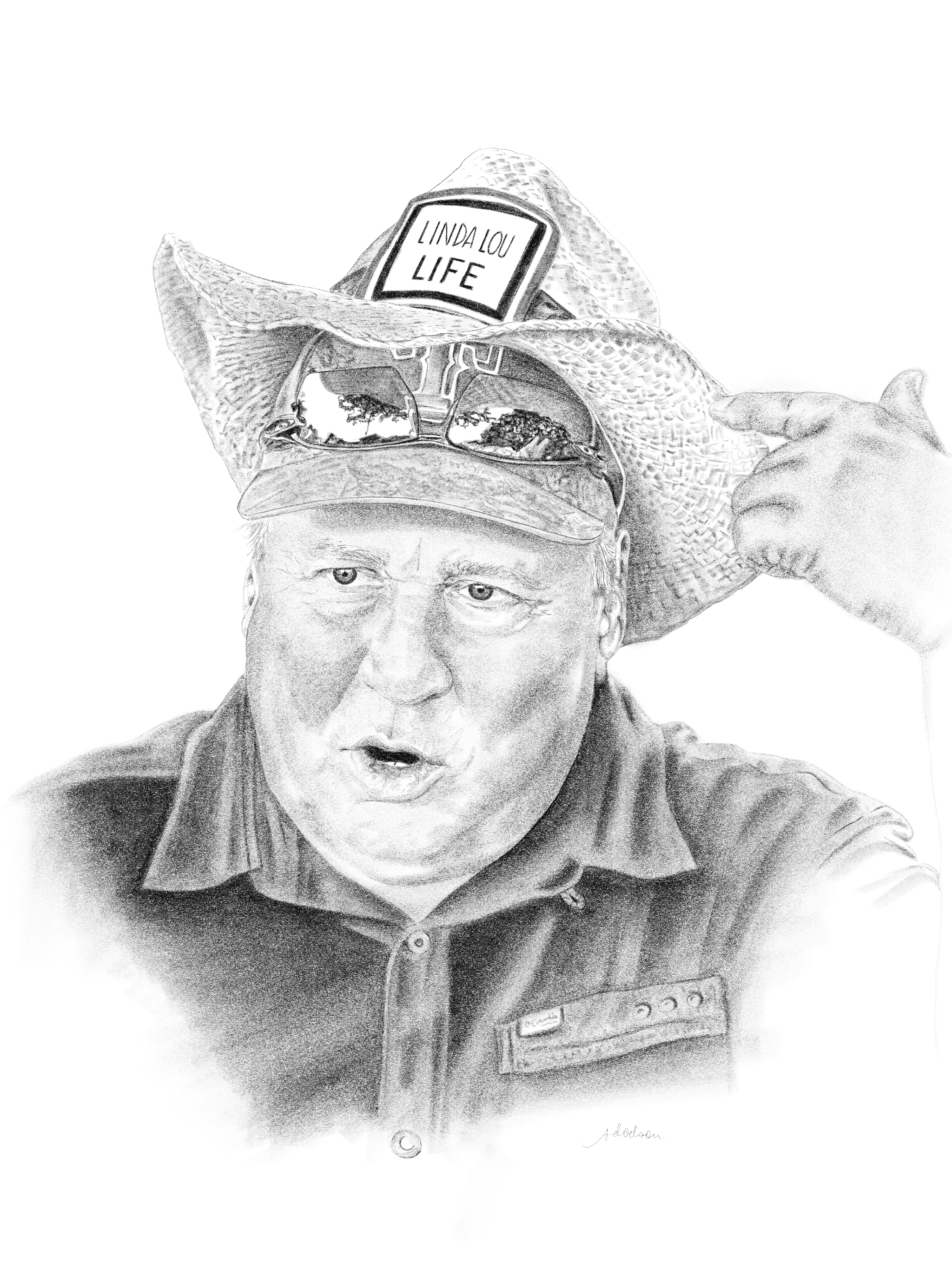 Hand-drawn image of Alan wearing 2 hats, a Rangers hat and a cowboy hat, with the words "Linda Lou Life" while pointing to his many hats.