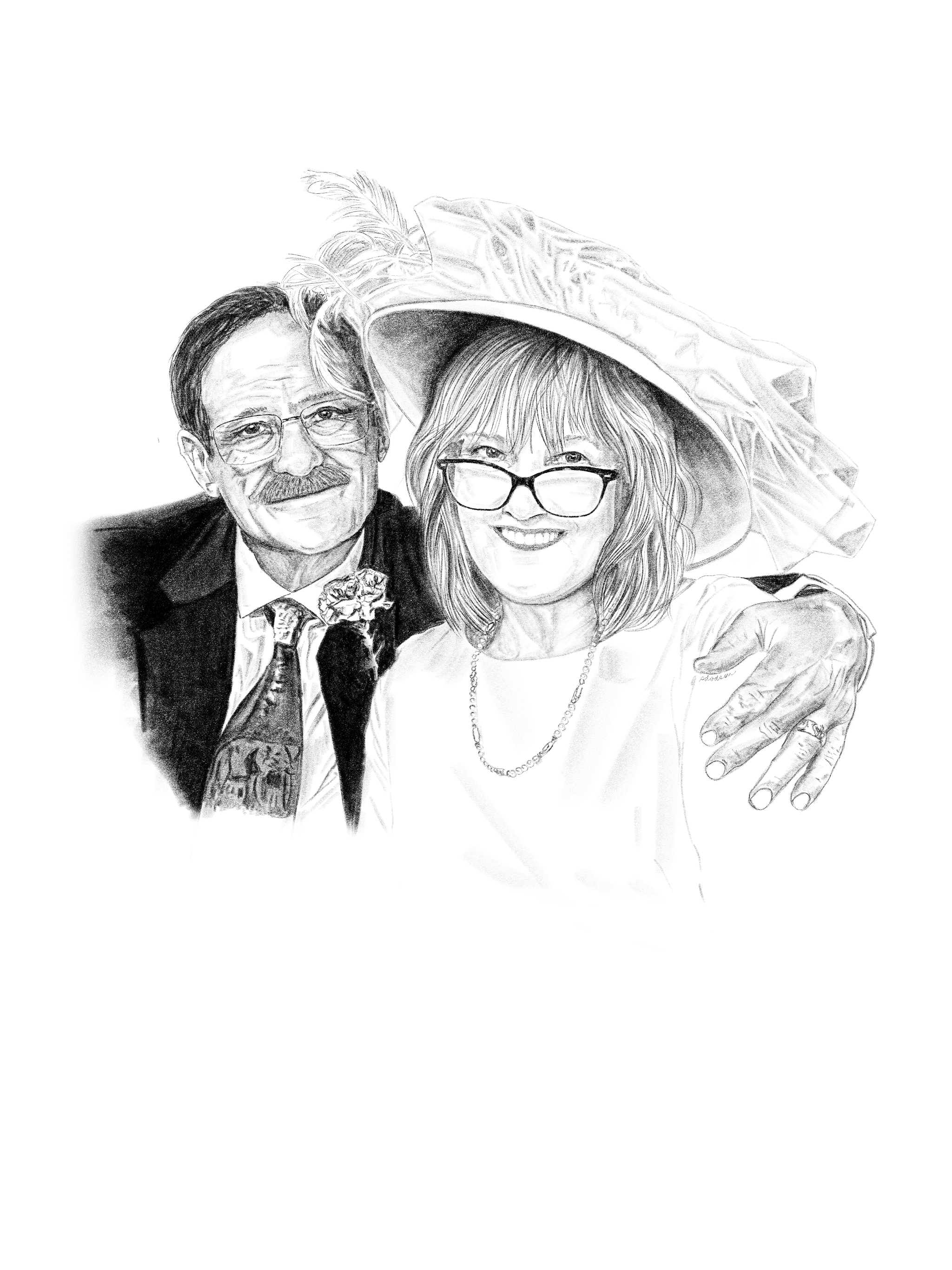 Hand-drawn image of Larry and Catherine, a happily newlywed couple just after their wedding.