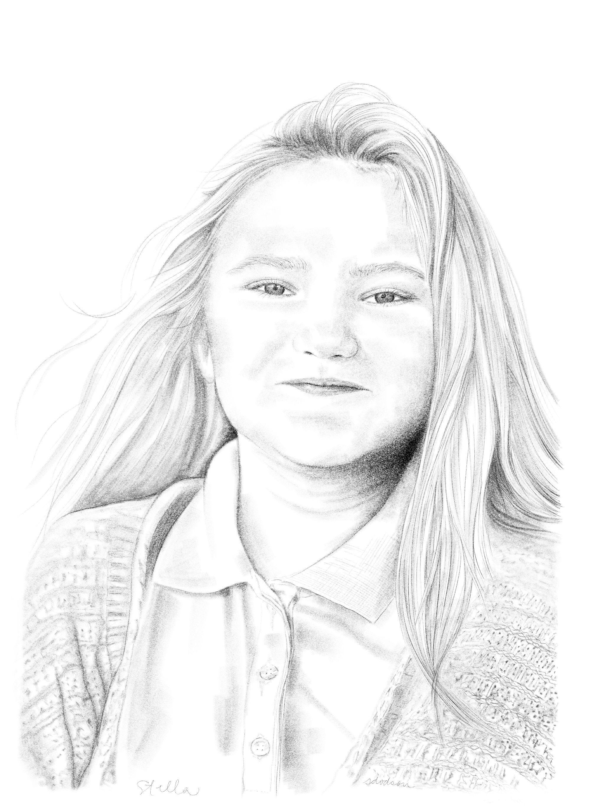 Hand-drawn image of Stella, a girl wearing a sweater with long hair.