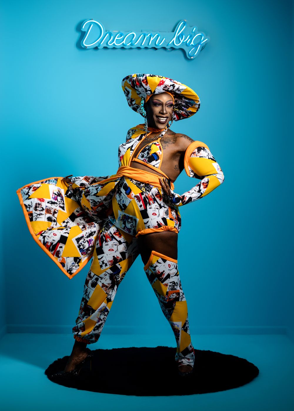 Drag Queen the Widow von Du shows off their lates fashion creation at Selfie Love CoMo selfie booth during a branding session with Sarah Jan