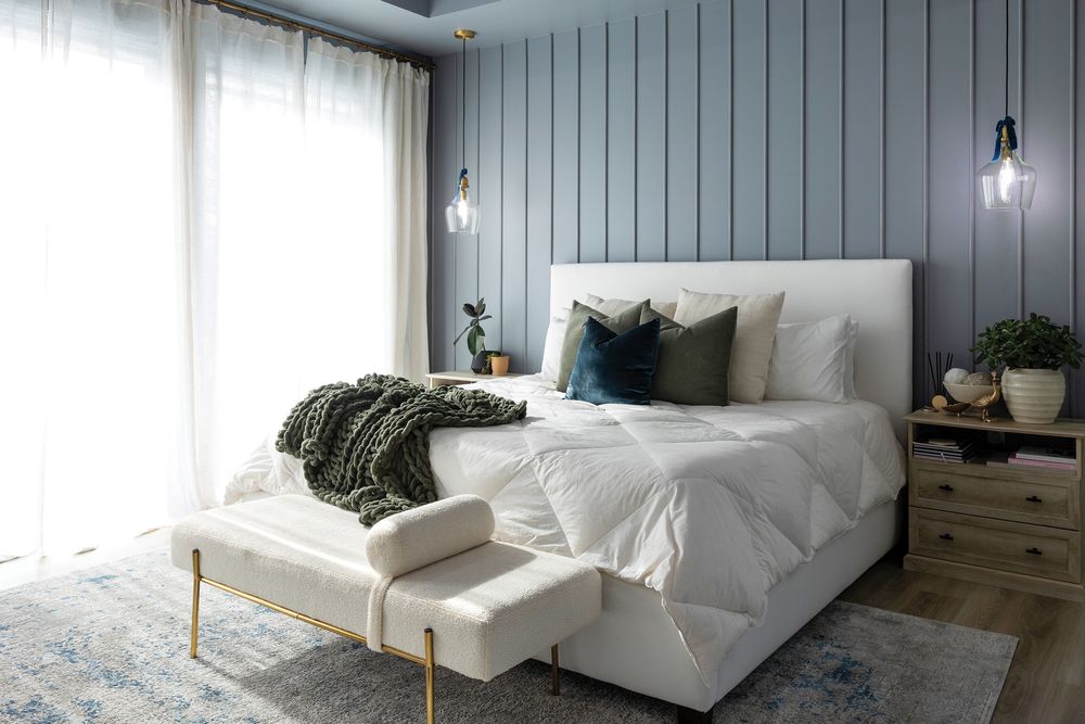 Color drenching paint trend by AI Painting plus shown in a master bedroom design.
