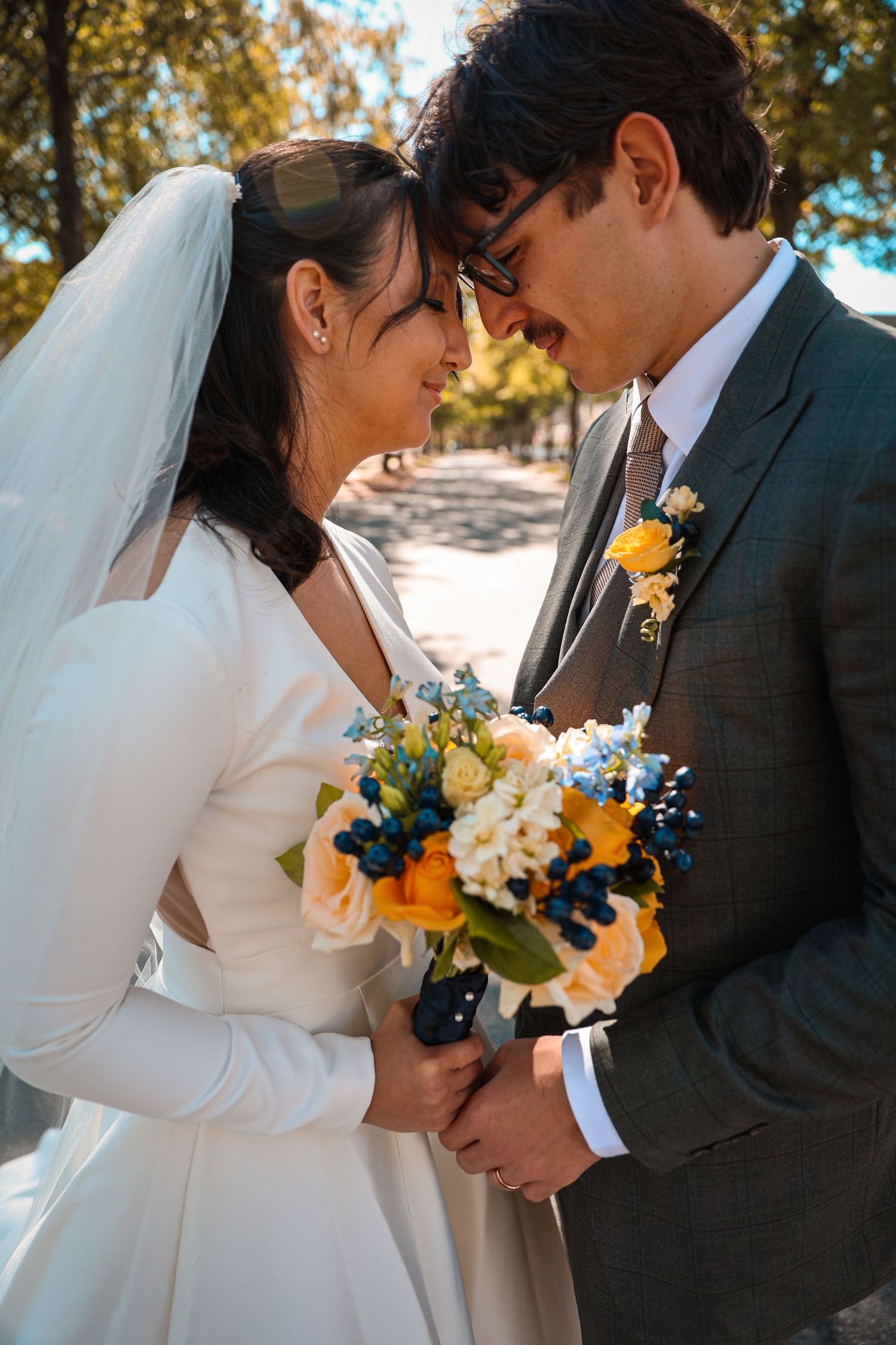 Romantic wedding photography sequence showing close-up details of bouquet with yellow and white flowers.