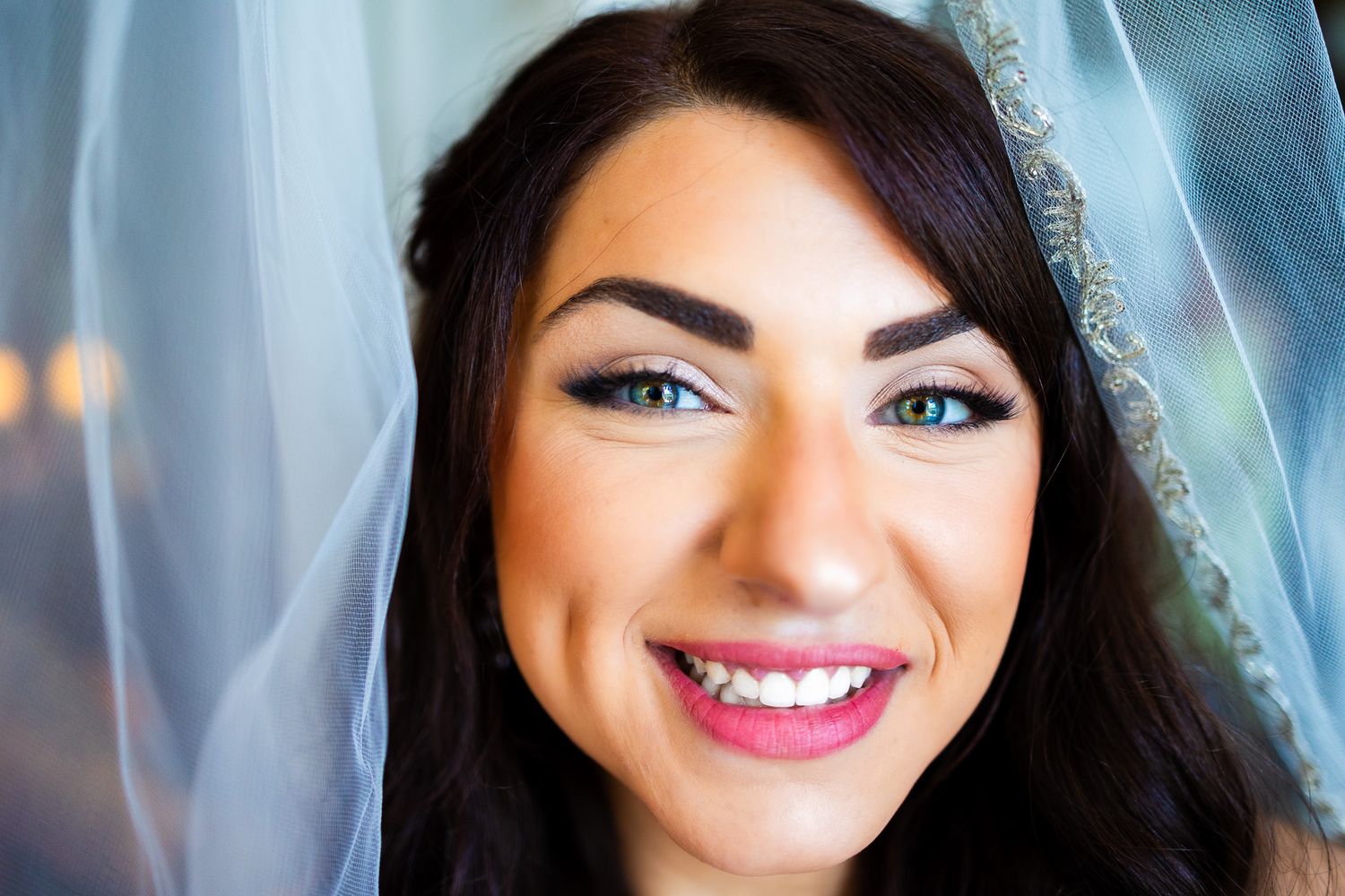 Close-up bridal portrait showcasing radiant smile and veil.