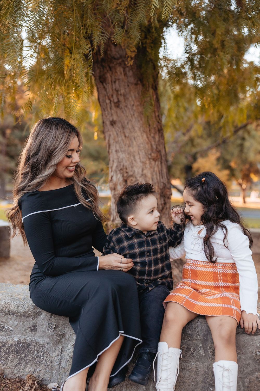 A group sits together on a stone wall under a tree during golden hour lighting.