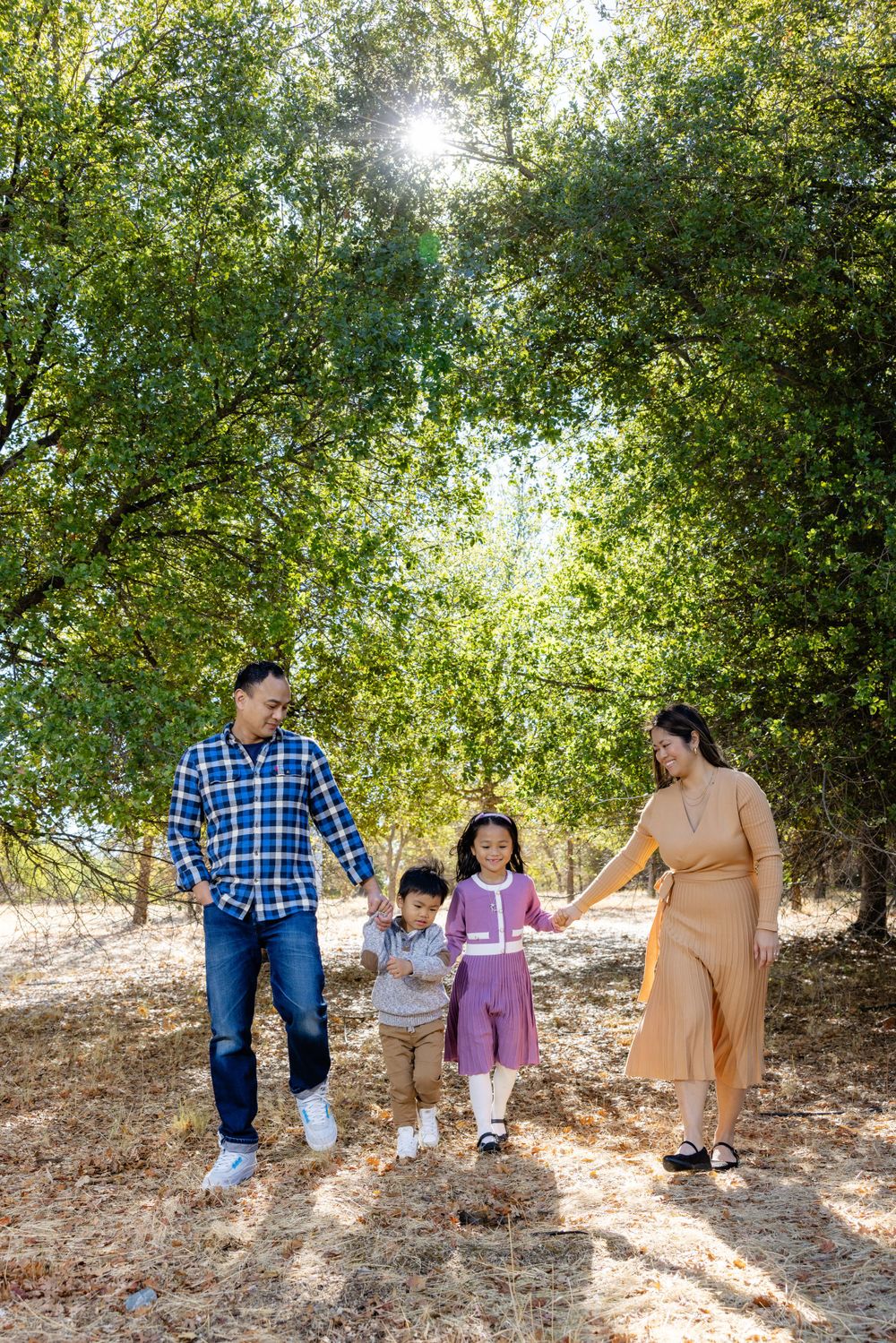 Family holding hands while walking together on a sunlit trail through green trees.