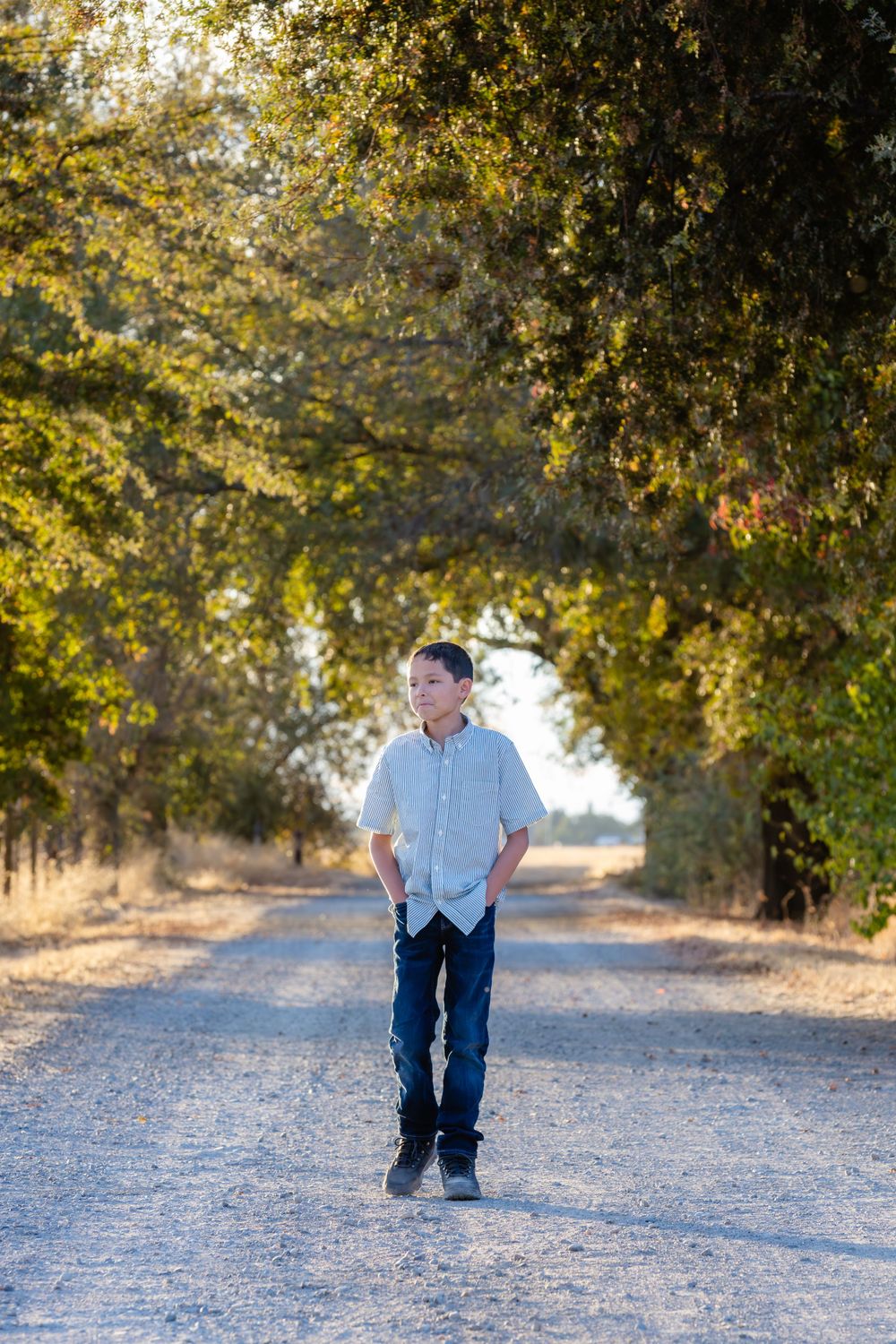 Young person stands on a sunlit dirt path surrounded by overhanging green trees on a beautiful autumn day.