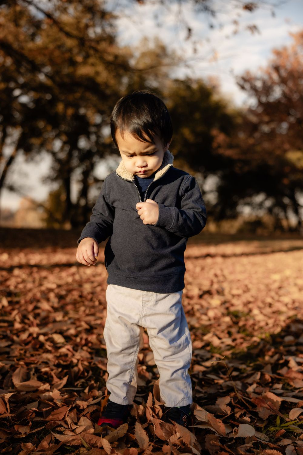 Small child in dark sweater and light pants stands among fallen autumn leaves in golden sunlight.