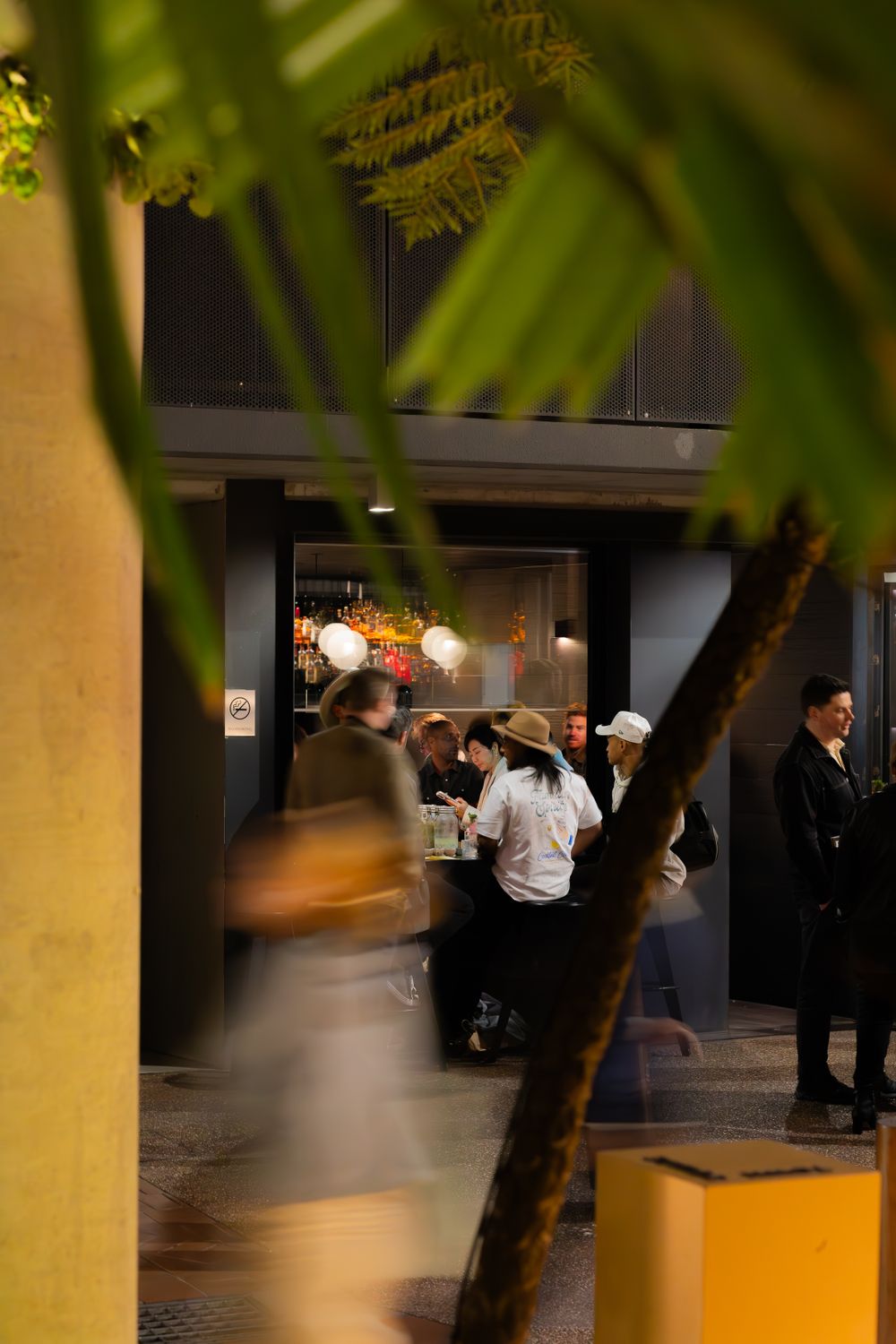 Restaurant entrance viewed through tropical plants with soft focus patrons in background.