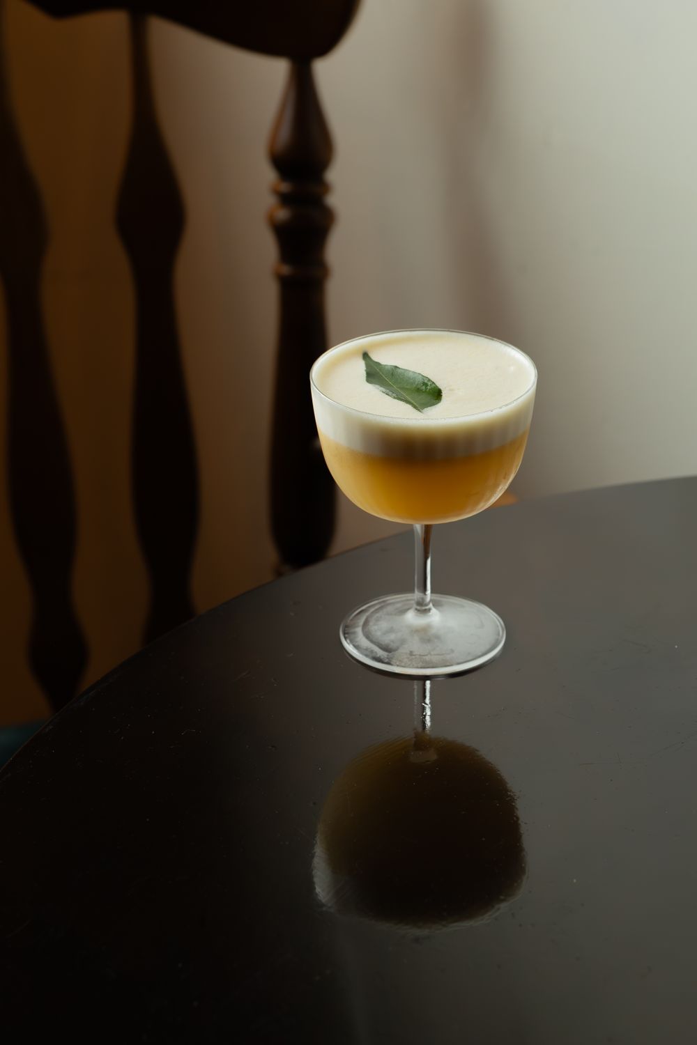 Sophisticated cocktail with foam top and green garnish in a coupe glass casting dramatic shadow.