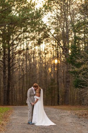 A couple embraces on a forest path at sunset with golden light filtering through tall pine trees.