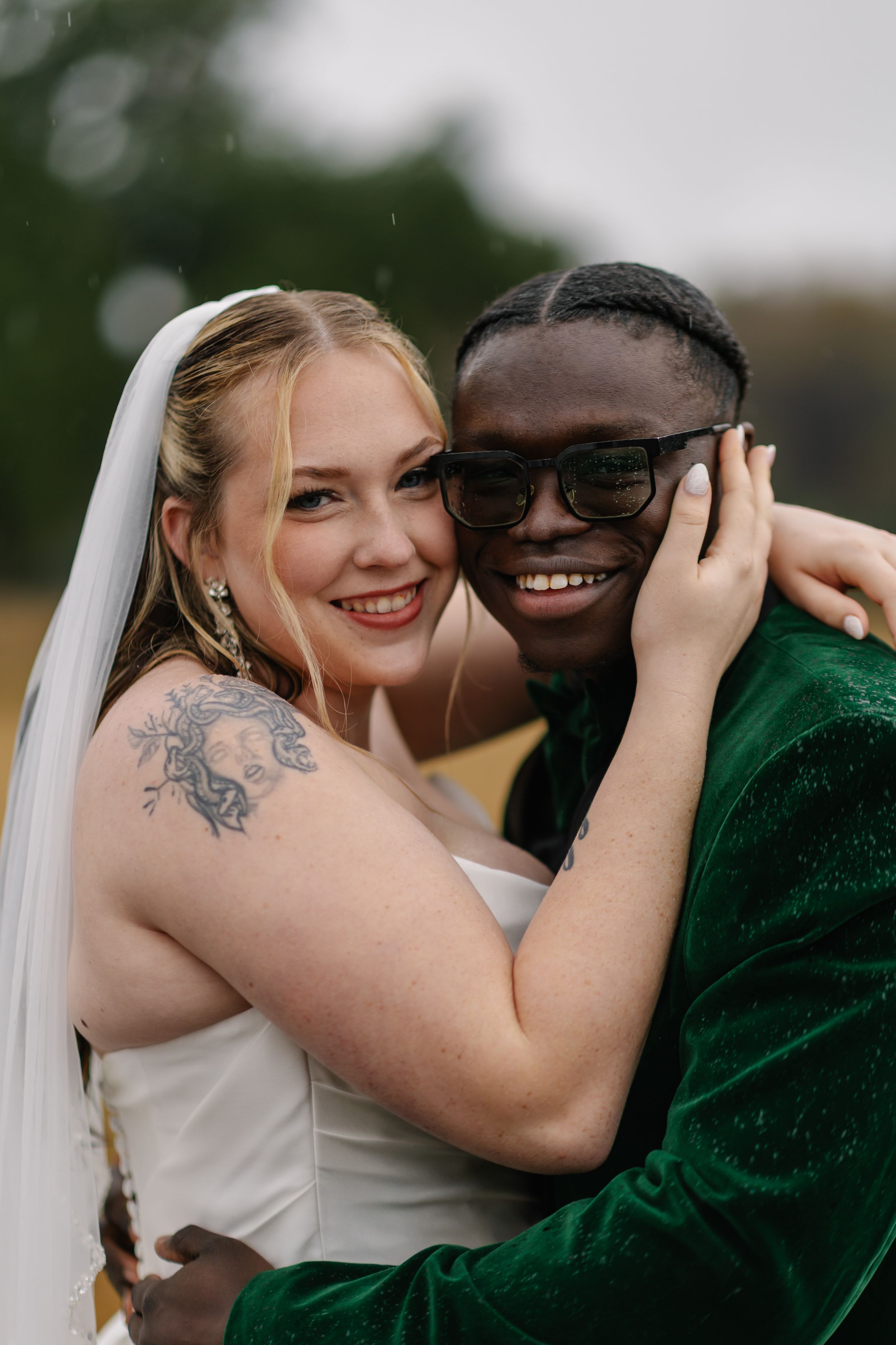 A romantic wedding couple shares intimate moments in a series of candid photos with one wearing white and one in green.