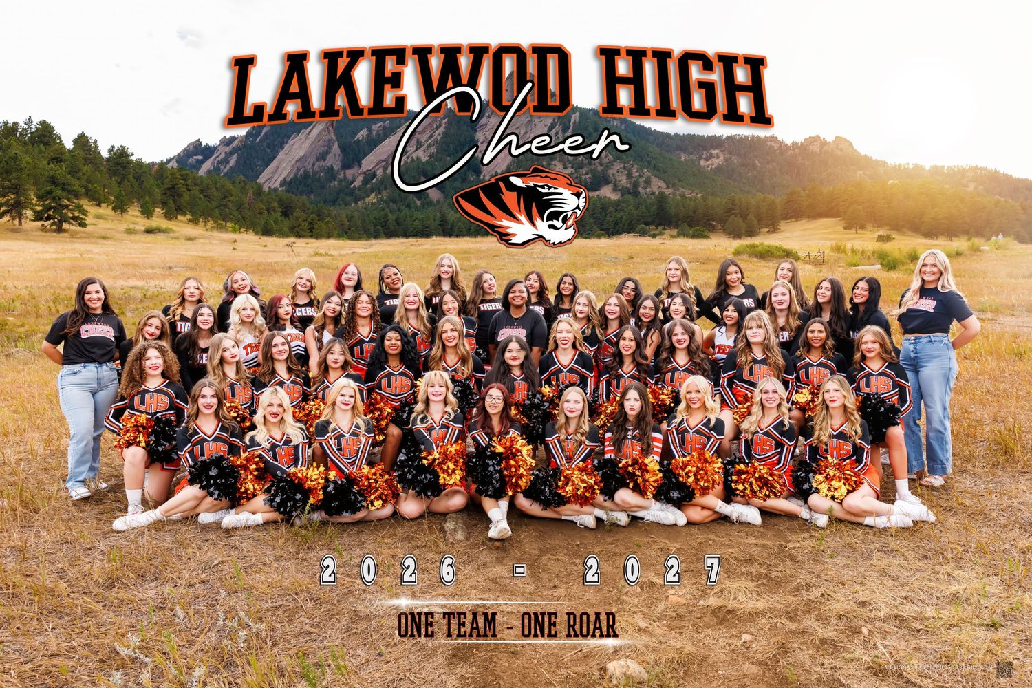 Lakewood High School Cheer squad 2026-2027 team photo outdoors, one team one roar.
