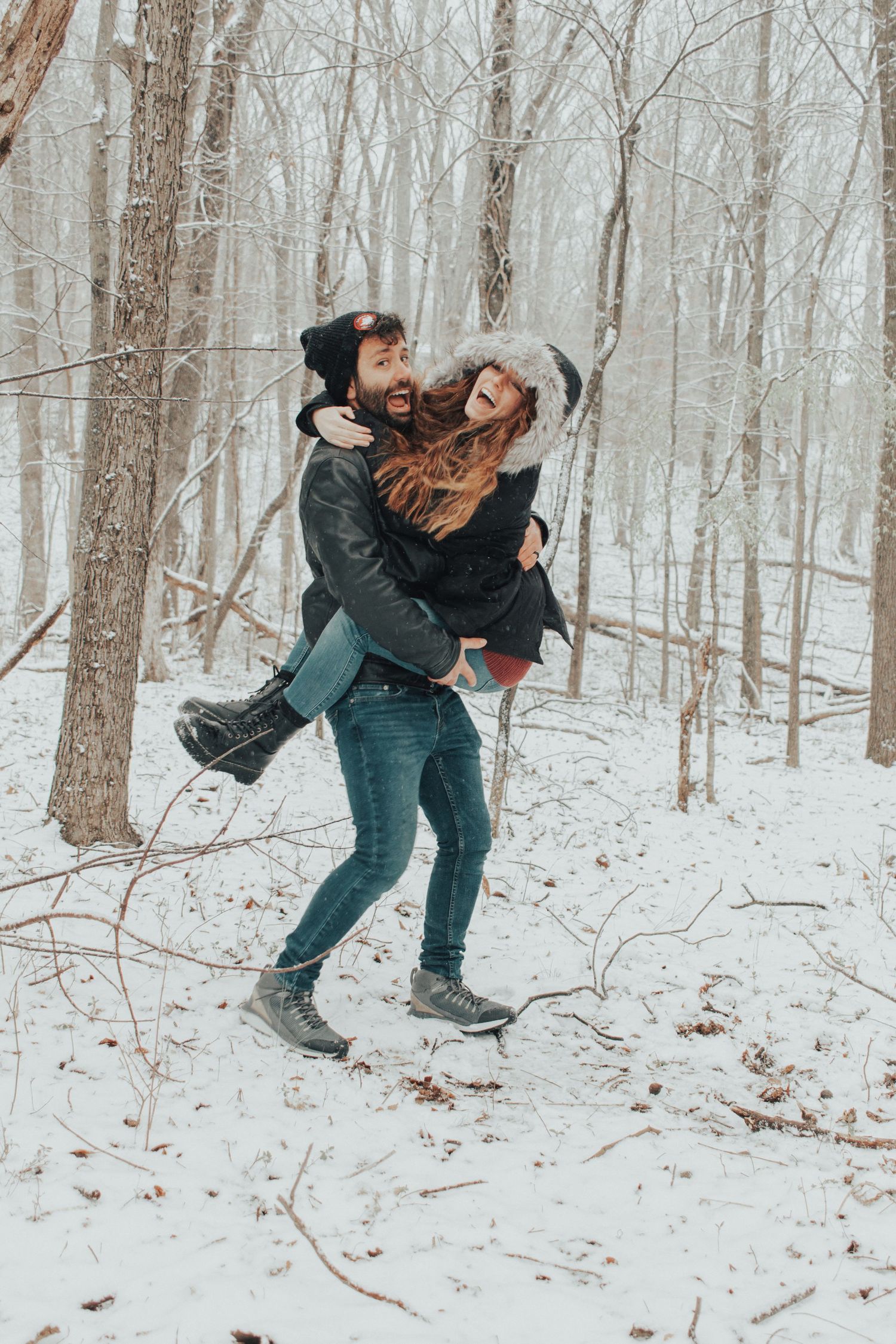 snow fight, couple, couples, lifestyle, snowing, virginia blueridge, woods, winter, wintery, fun