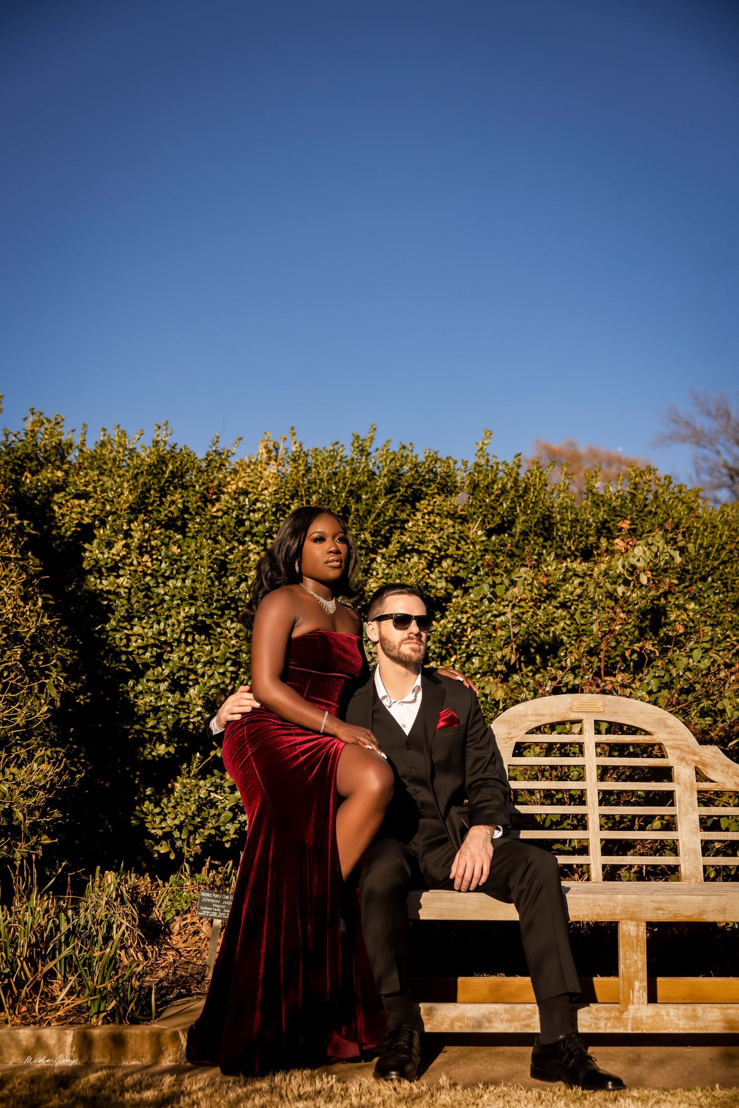 A couple sits together on a wooden bench in a garden during golden hour, with green hedges in the background.