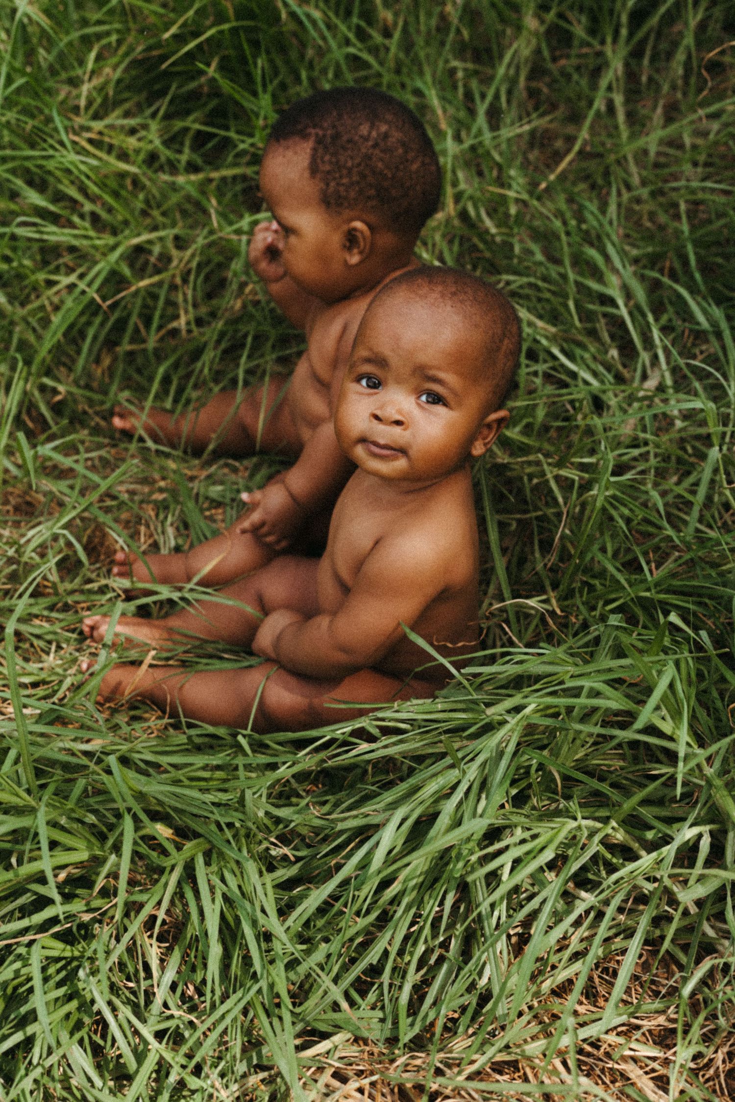 Baby exploring and playing in tall green grass during outdoor photo session.