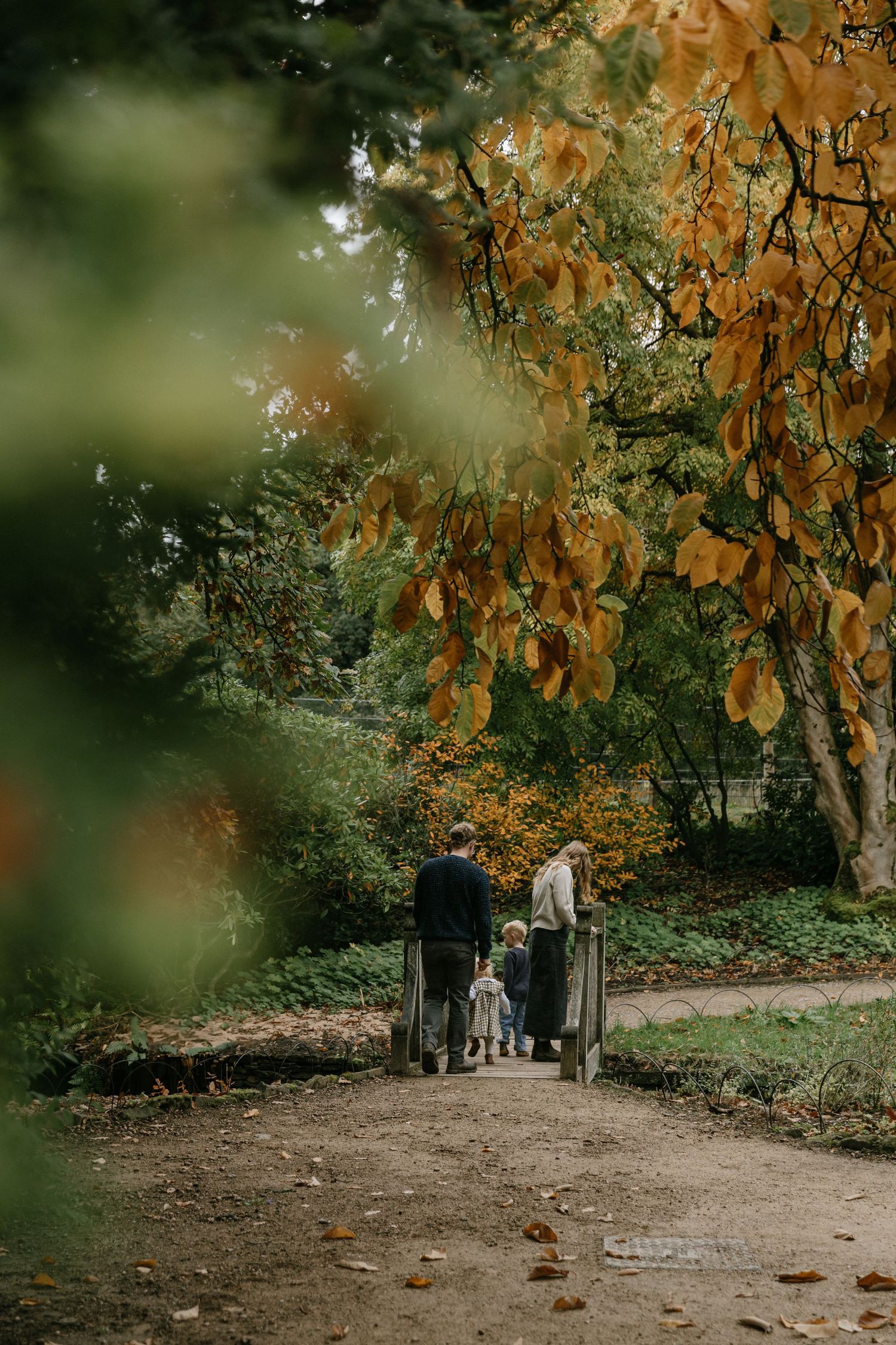 Family walking together on a countryside path with stone walls and rolling hills.