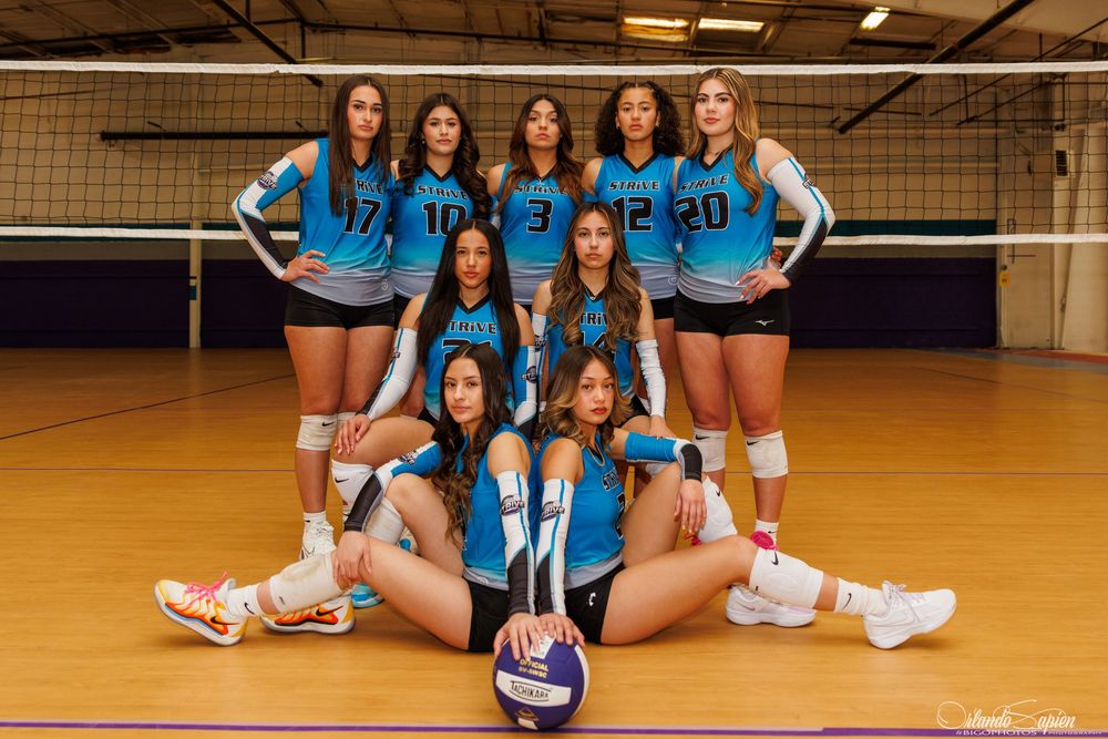 Volleyball team poses together on court wearing matching blue uniforms.