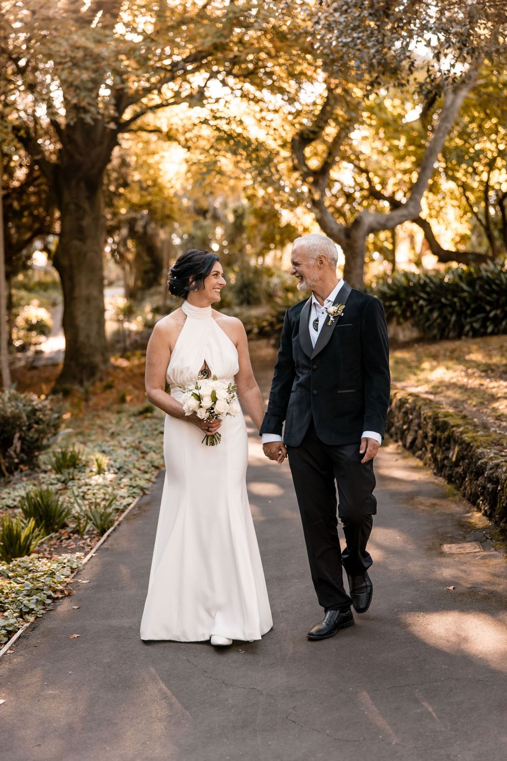 Bride and groom at Botanical gardens Napier