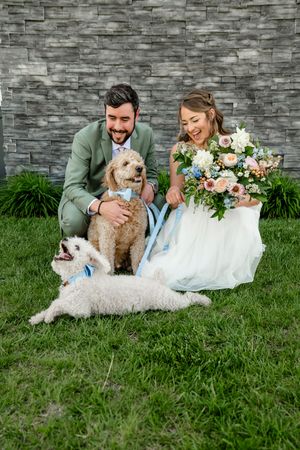 A couple in wedding attire sits on grass with their two dogs beside a stone wall.
