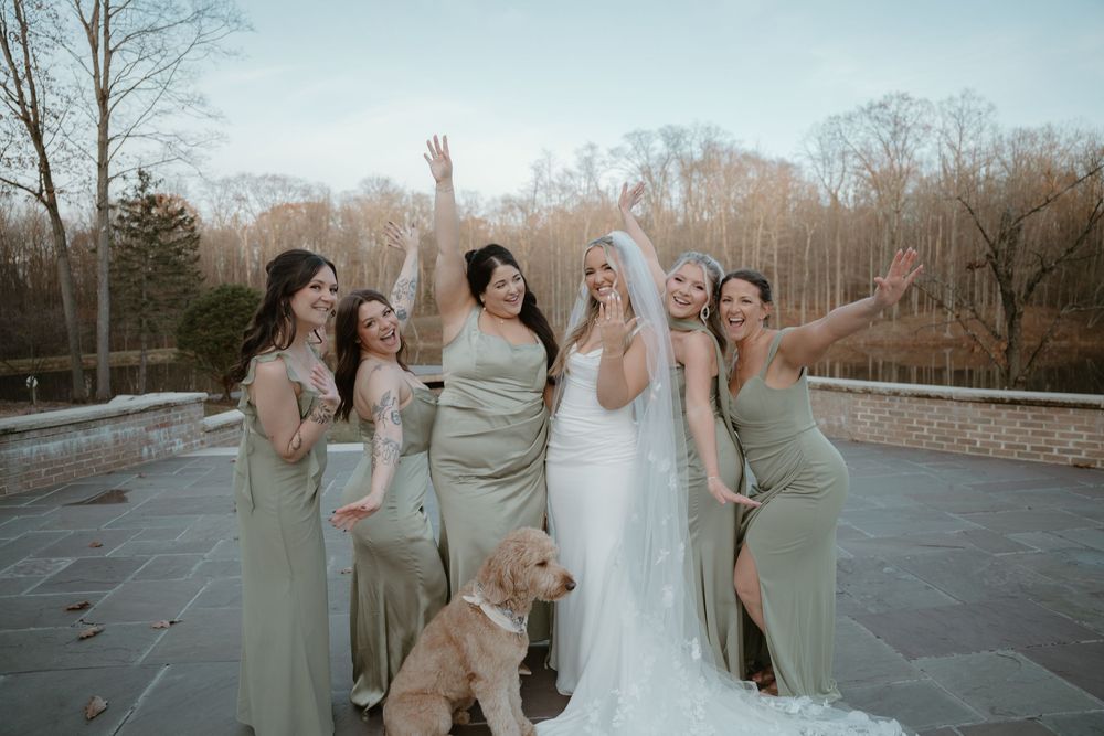 Bride and bridesmaids in sage green dresses celebrating with a golden retriever outdoors.