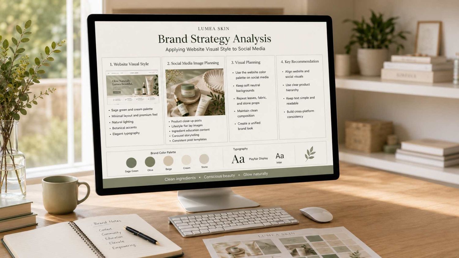 Desktop monitor displaying a Brand Strategy Analysis presentation with neutral tones, on a wooden desk with plants and stationery.