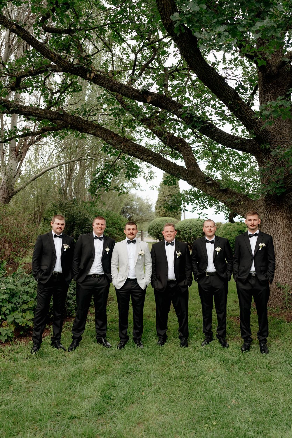 Groom in white tuxedo stands with six groomsmen in black tuxedos under a large tree on a green lawn.