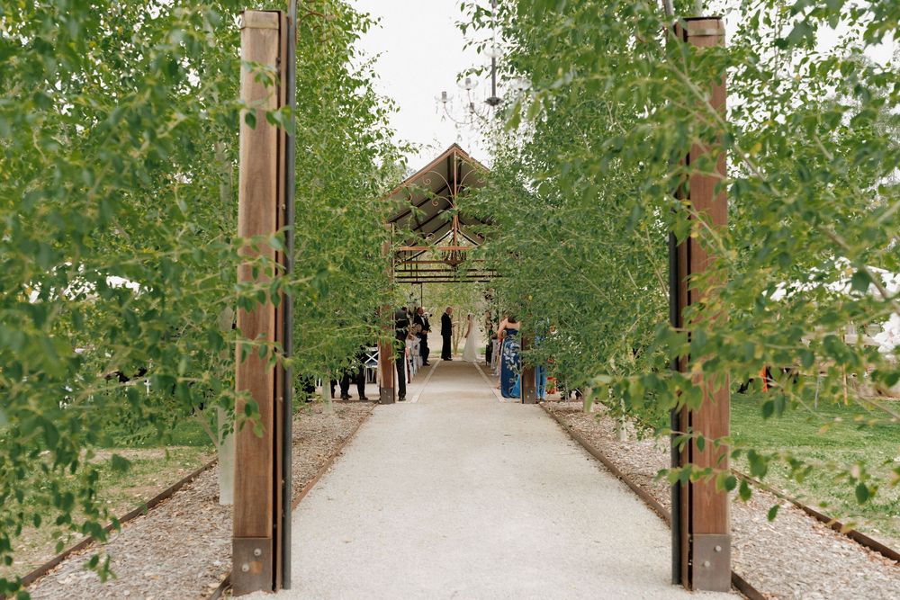 Tree-lined garden pathway leads to a rustic wooden pergola surrounded by lush greenery with visitors gathered beneath.
