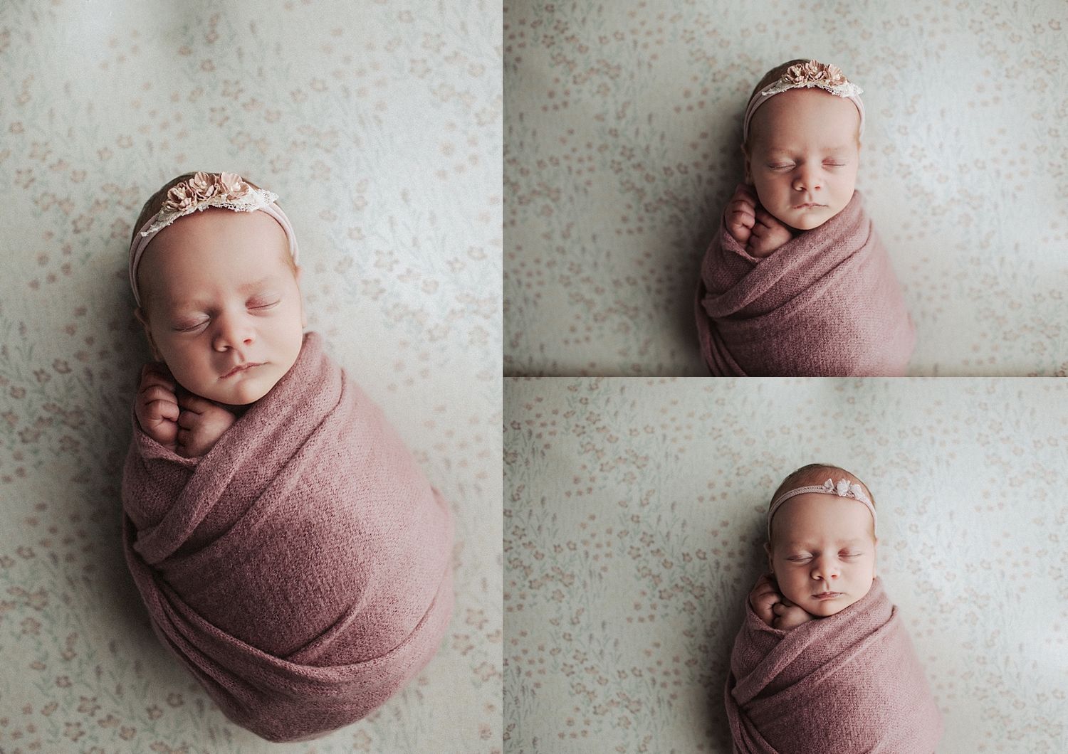Newborn baby girl swaddled in pink wrap with floral headband, sleeping peacefully in a triptych portrait.