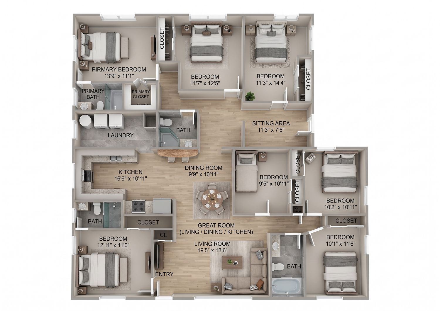 3D floor plan showing a spacious multi-bedroom apartment layout with kitchen, dining, great room, and six bedrooms.