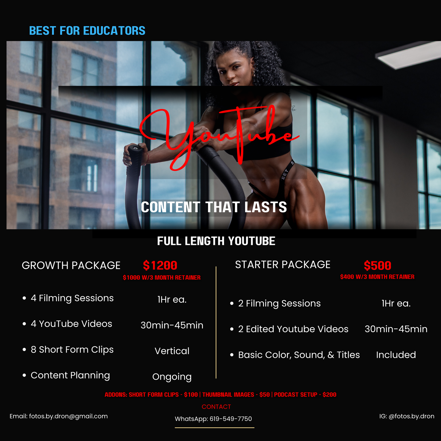Group fitness photography session flyer advertising team rates starting at $500 flat rate.