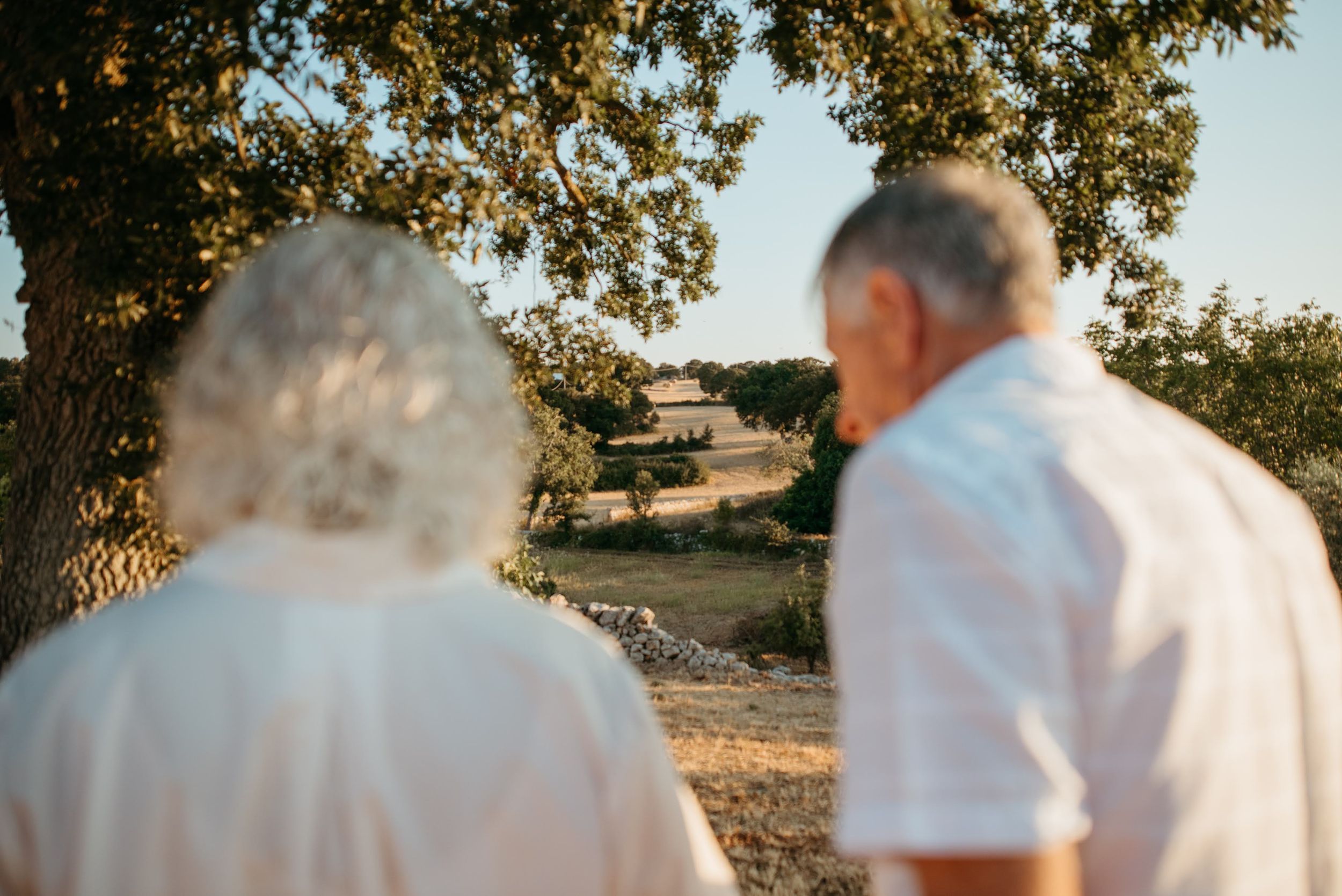 Senior couple standing together under a tree overlooking a scenic rural countryside landscape.