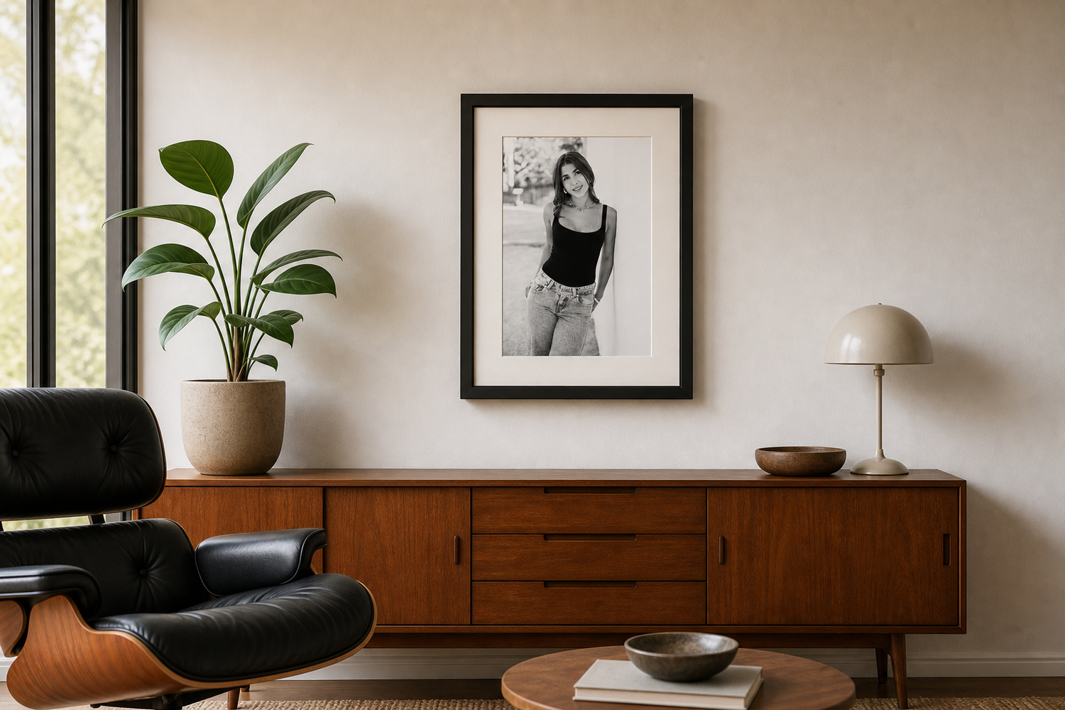 Canvas wall art of a young woman sitting in a golden field, displayed in a bright modern living room.