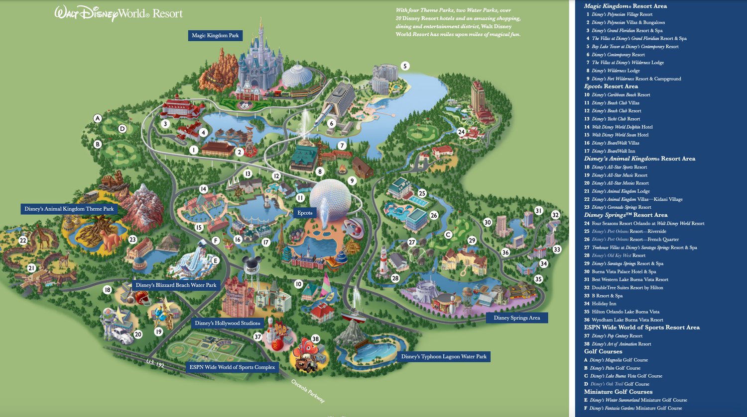 Aerial map illustration of Walt Disney World Resort showing all park areas and attractions.