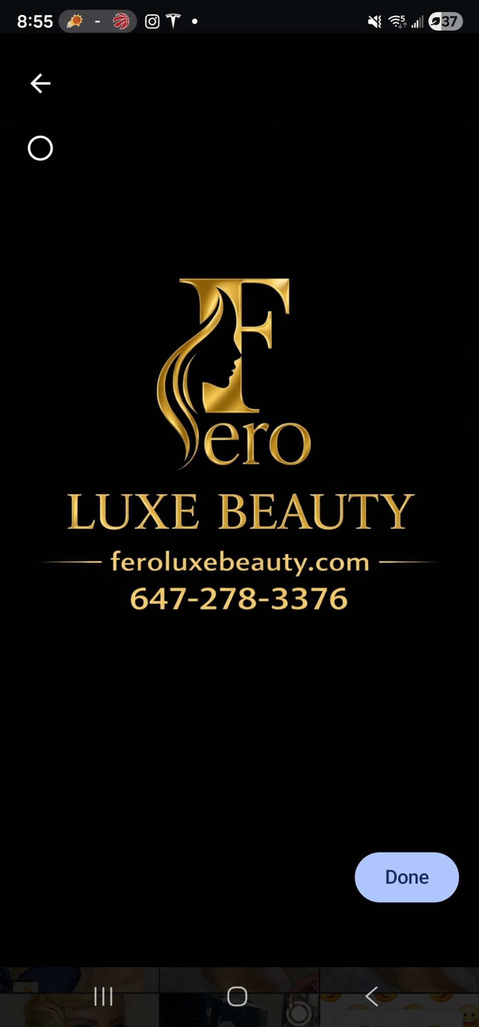Fero Luxe Beauty logo in gold on black background, featuring a womans silhouette, website and phone number 647-278-3376.