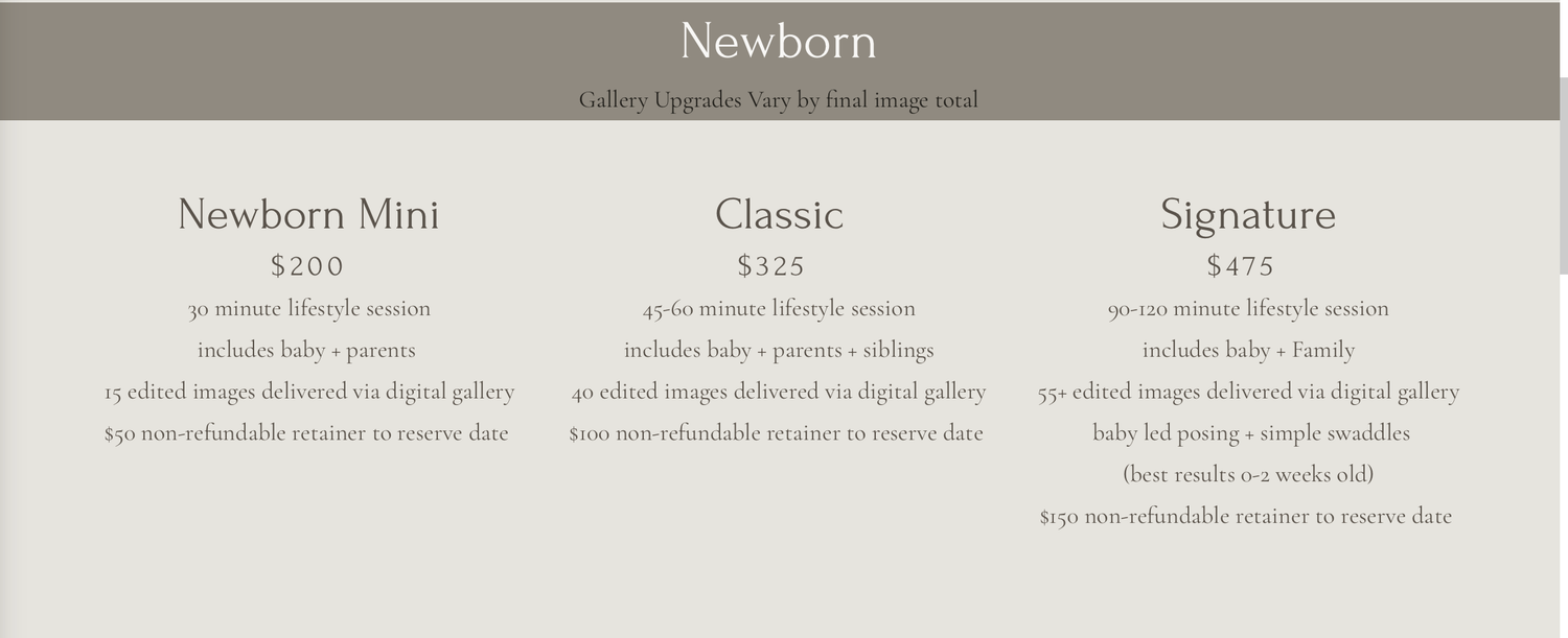 Newborn photography pricing packages including Mini, Classic, and Signature sessions with digital gallery options.
