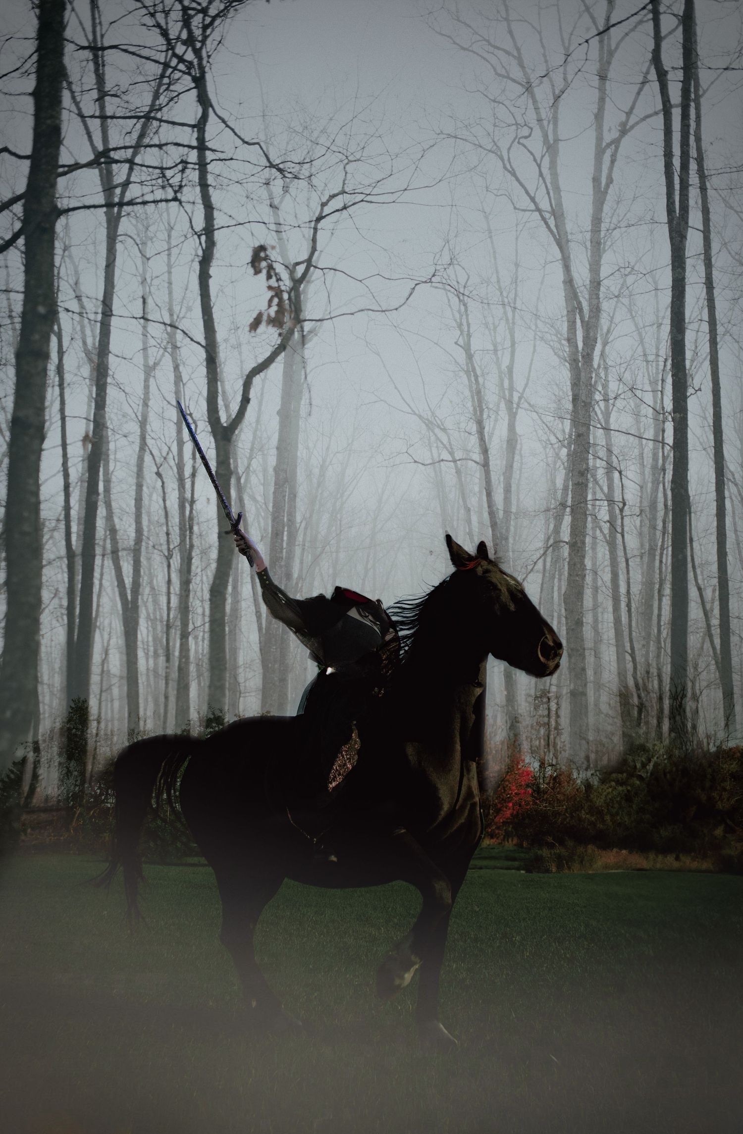 A headless horseman inspired photoshoot. The model was on a black horse. Sleepy Hollow, Halloween themed photoshoot.