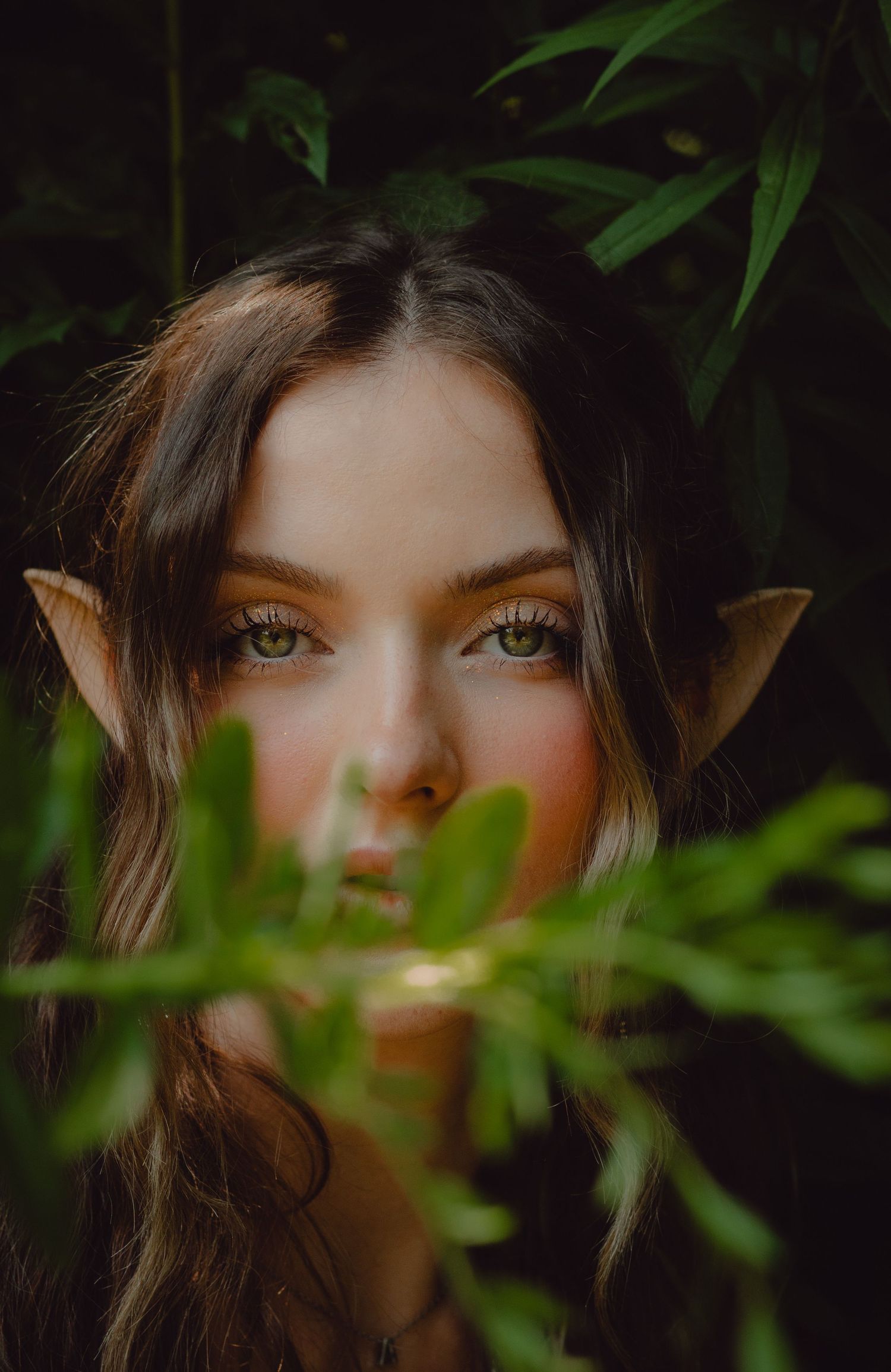 Fantasy portrait of model wearing elf ears in forest. Model is posing behind a leafy branch to give detail to her green eyes.