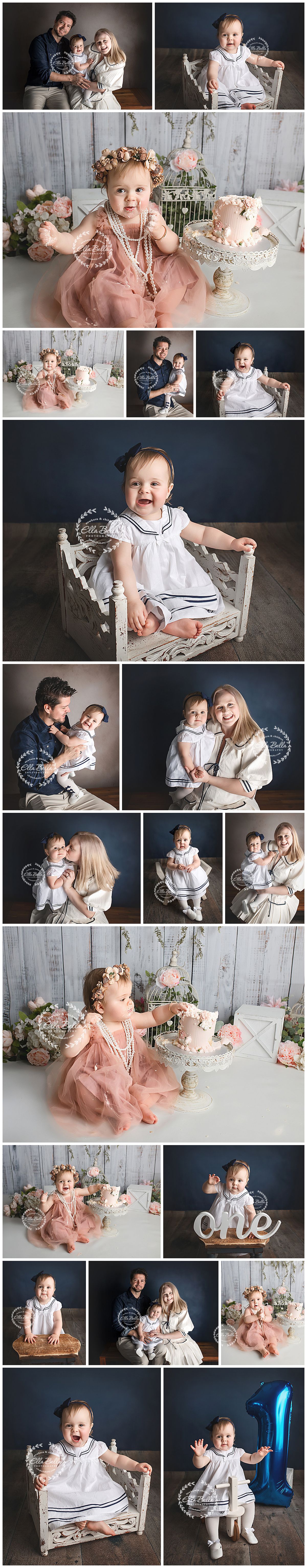 Adorable baby girl first birthday cake smash photo collage with family portraits in pink and white outfits.