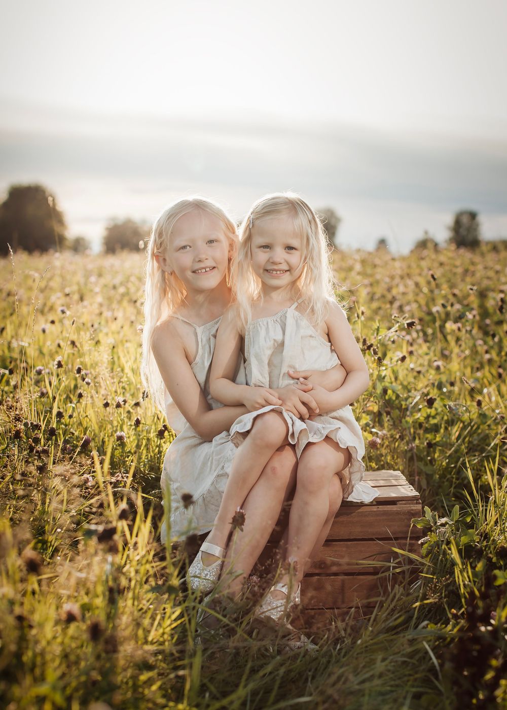 Familjefotografering på en blomsteräng i Boden med två syskon som sitter på en träpall.