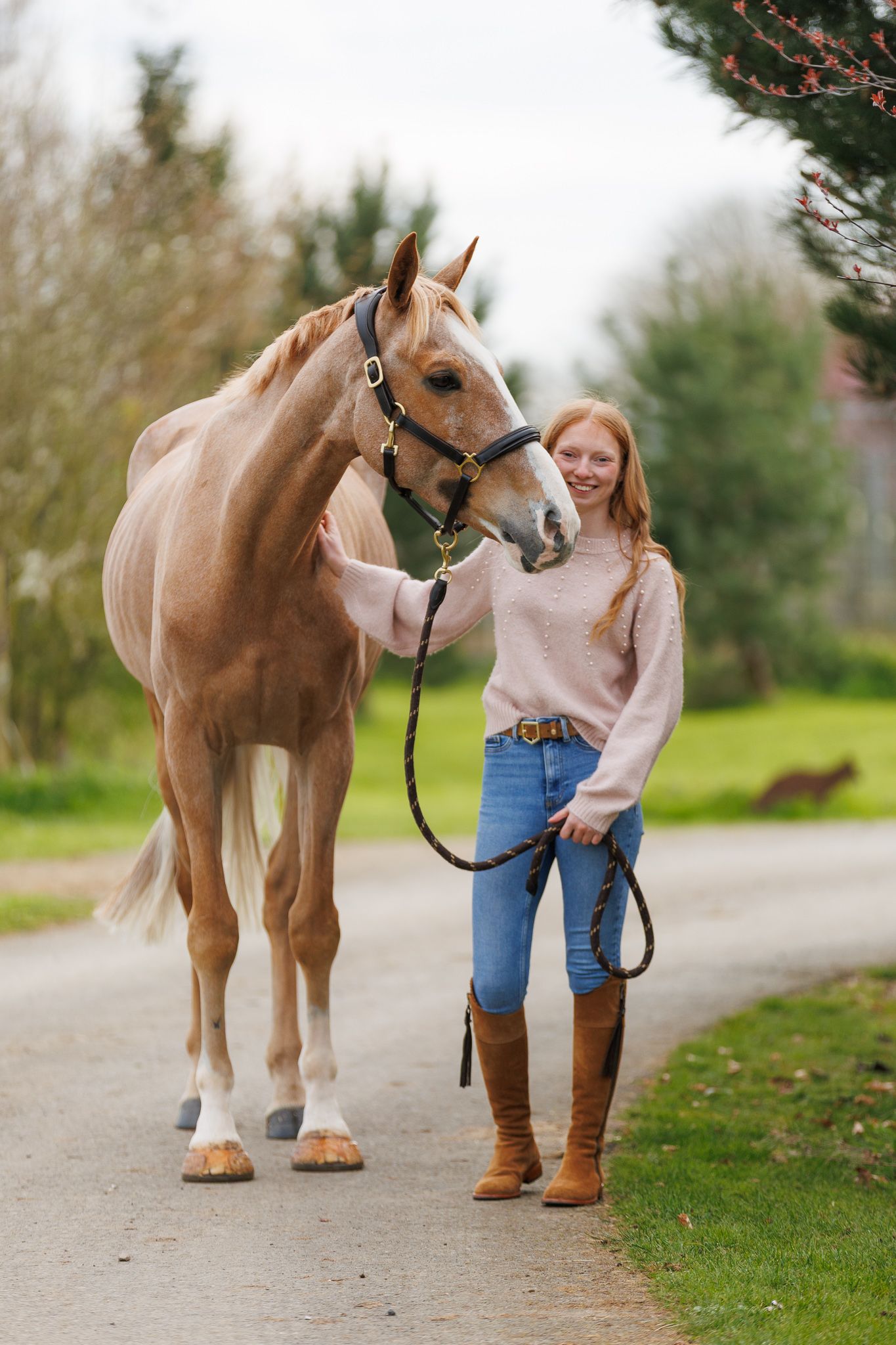A brown horse and rider in a white sweater pose together against autumn foliage in soft natural lighting.