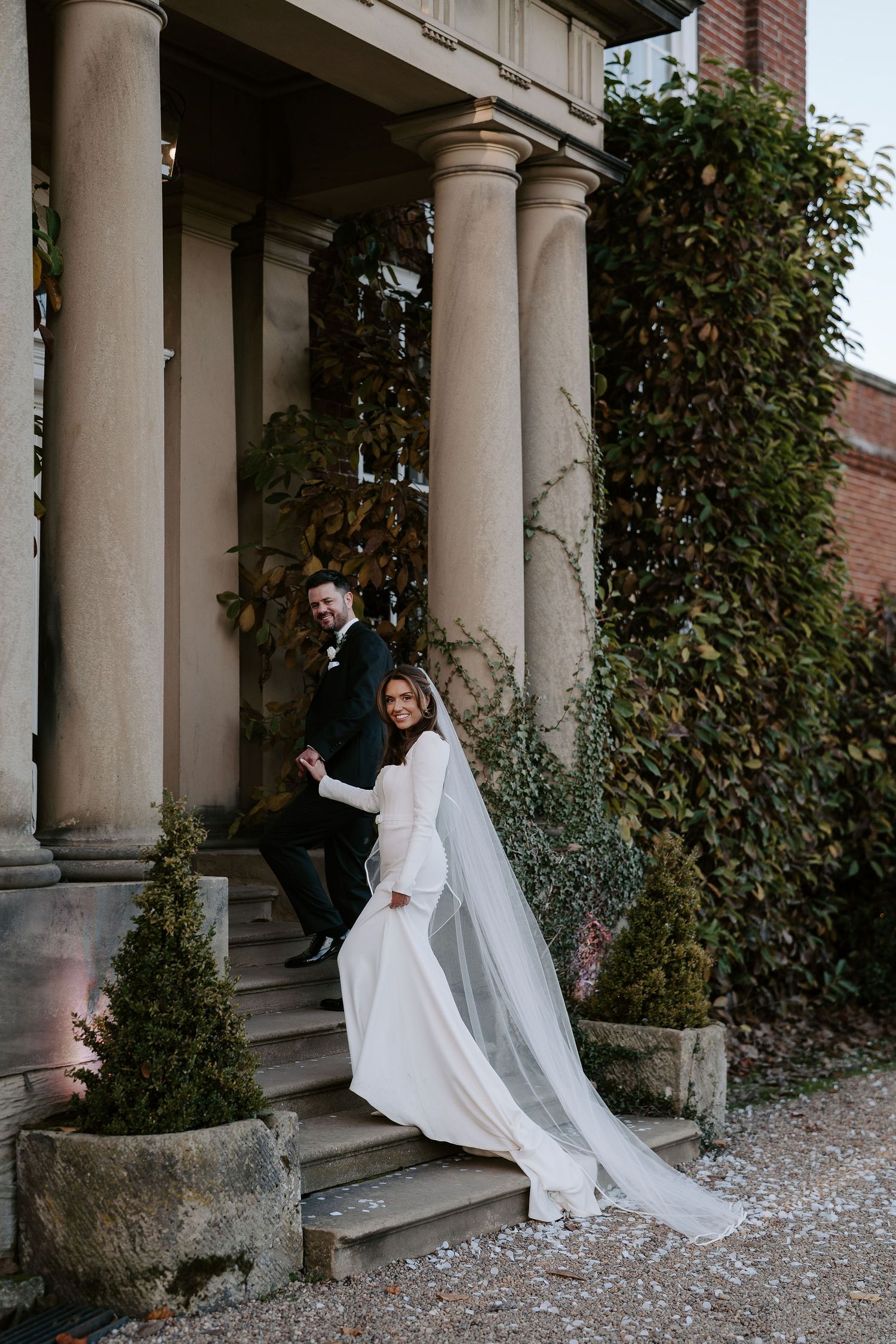 groom leading bride up the stairs into Iscoyd park