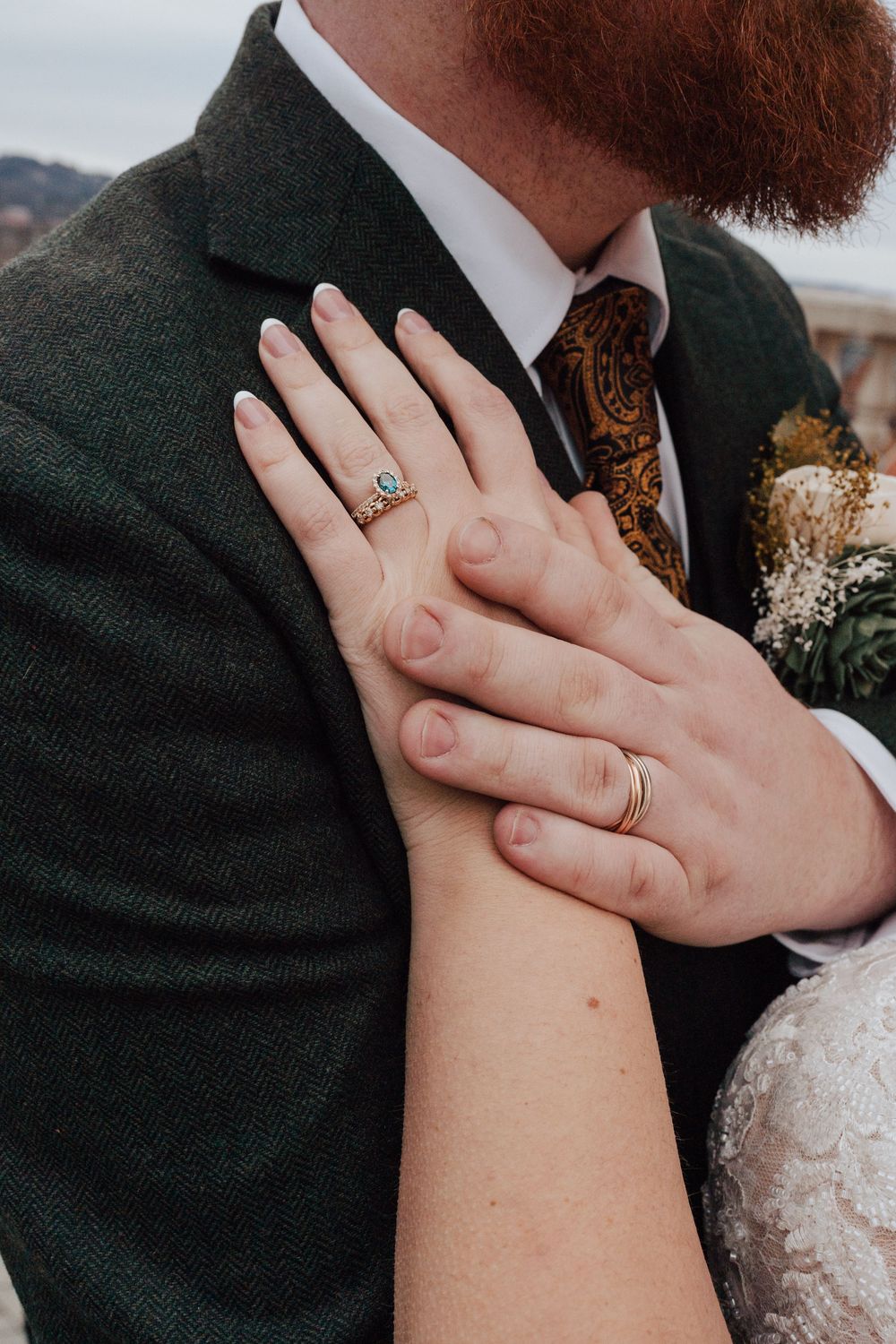 Bride and groom portrait at rooftop of the Yorktowne Hotel  wedding in York PA– elegant winter wedding