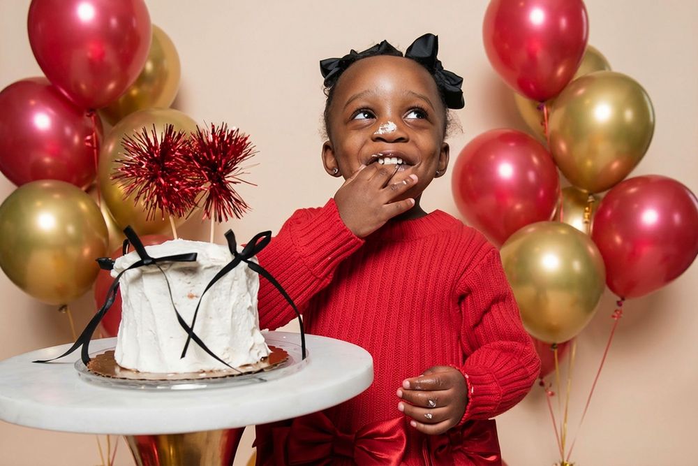 A joyful celebration scene with red and gold balloons surrounding a white cake on a table.