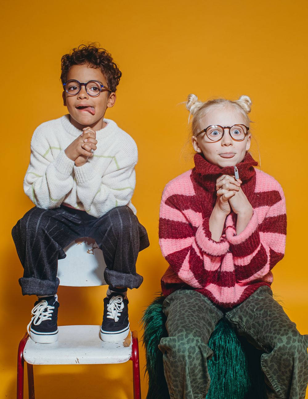 A series of cropped photos against an orange background showing glasses, white clothing and pink knit details.